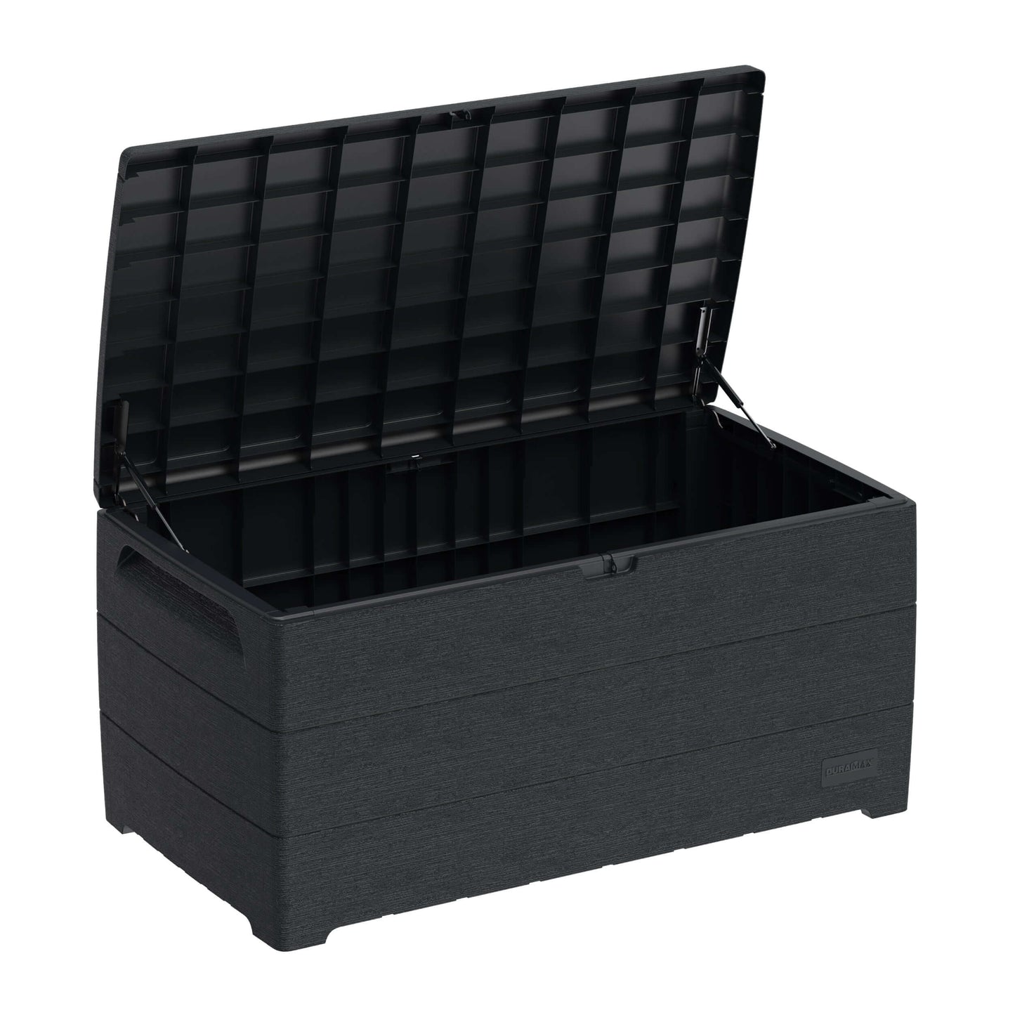 Duramax 110 Gal. Cedar Grain Deck Box in Gray, open with spacious interior for outdoor storage, made from fire-resistant plastic resin.