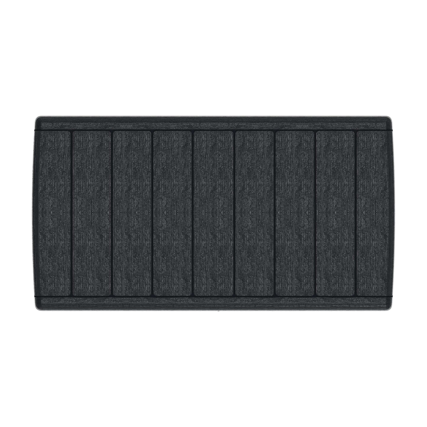 Top view of Duramax 110 Gal. CedarGrain Deck Box in gray, highlighting fire-resistant plastic resin and wood-like panels.