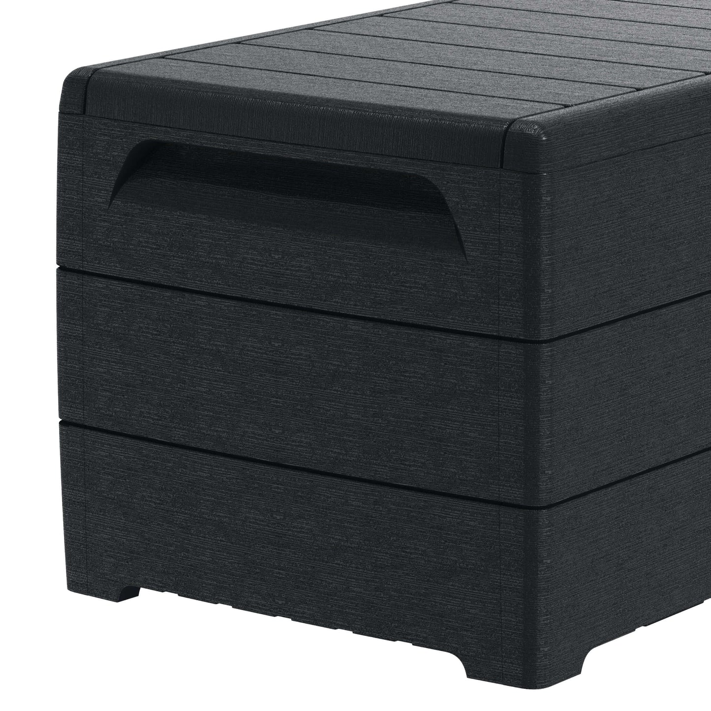 Duramax 110 Gal. Cedar Grain Deck Box in Gray, made from fire-resistant plastic resin, ideal for outdoor storage solutions.