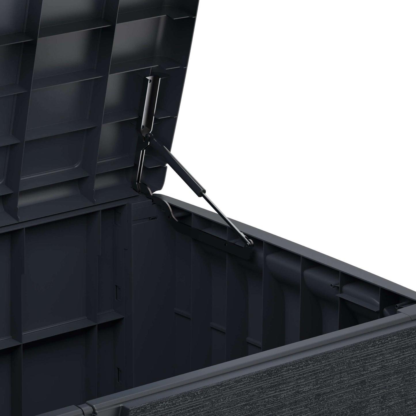 Interior view of Duramax Cedar Grain Deck Box in gray, showing spacious 110-gallon storage and sturdy construction.