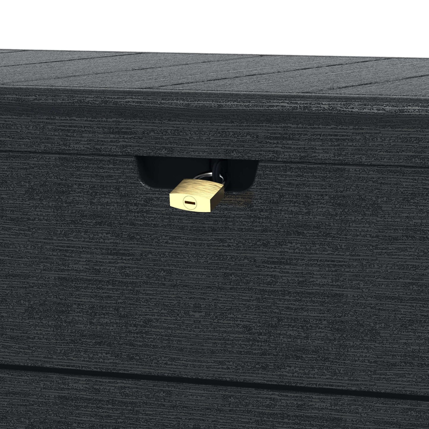 Close-up of Duramax 110 Gal. Cedar Grain Deck Box in gray with lock latch, fire-resistant resin construction for outdoor storage security.