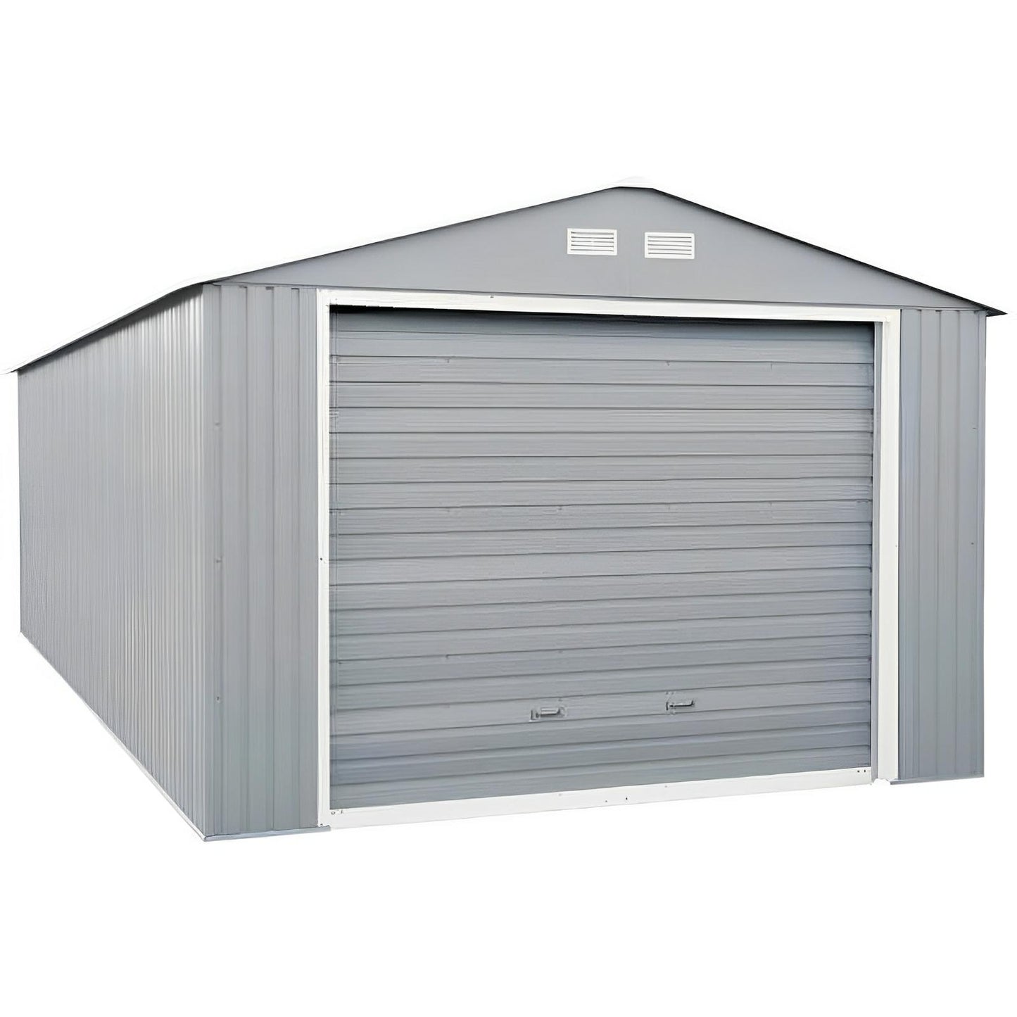 Duramax 12x20 Imperial Metal Garage in light gray, featuring a durable steel build and a 10-year warranty for secure storage.