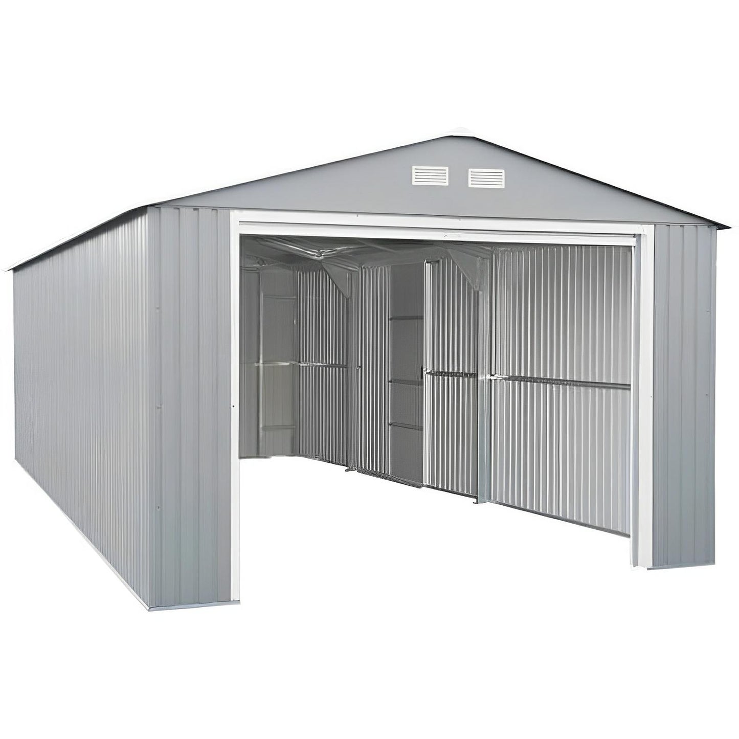 Duramax 12x20 Imperial Metal Garage in light gray with open front view, showcasing sturdy steel construction and spacious interior.