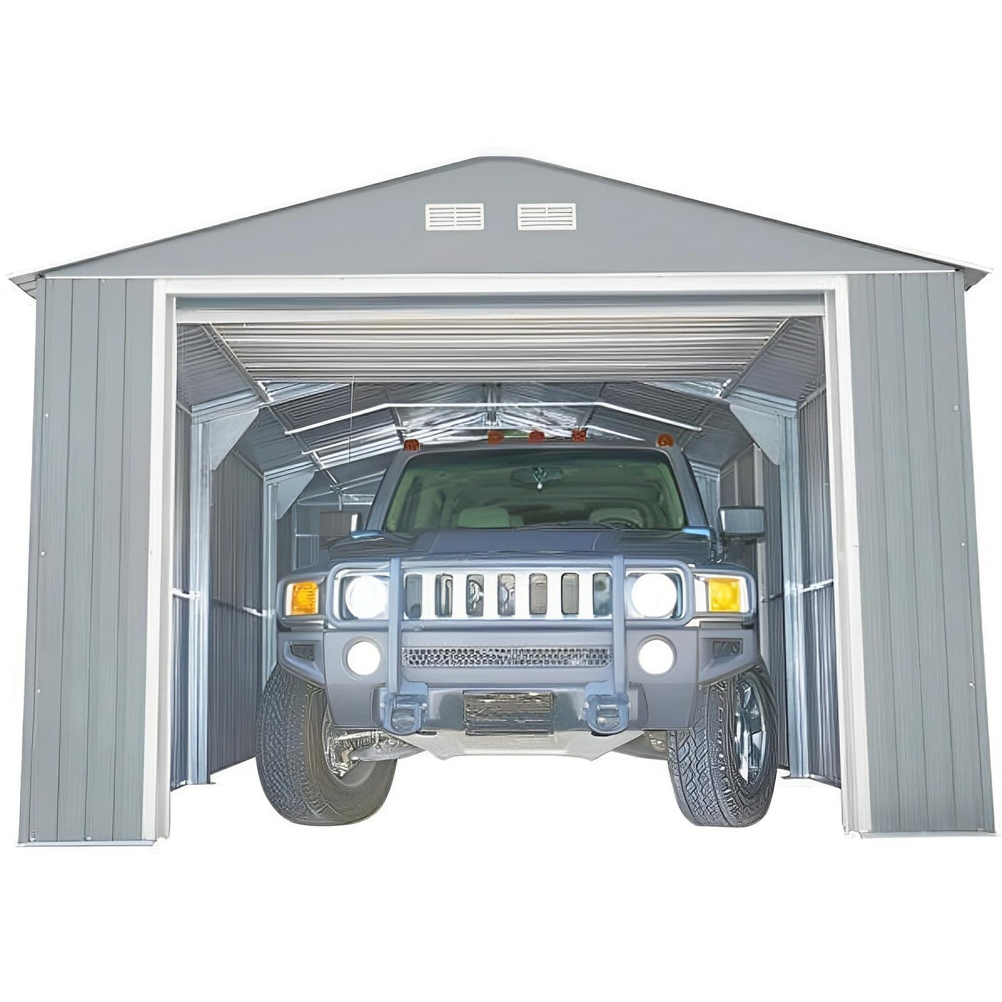 Duramax 12x20 Imperial Metal Garage in light gray housing a vehicle, showcasing its durable steel construction and spacious design.