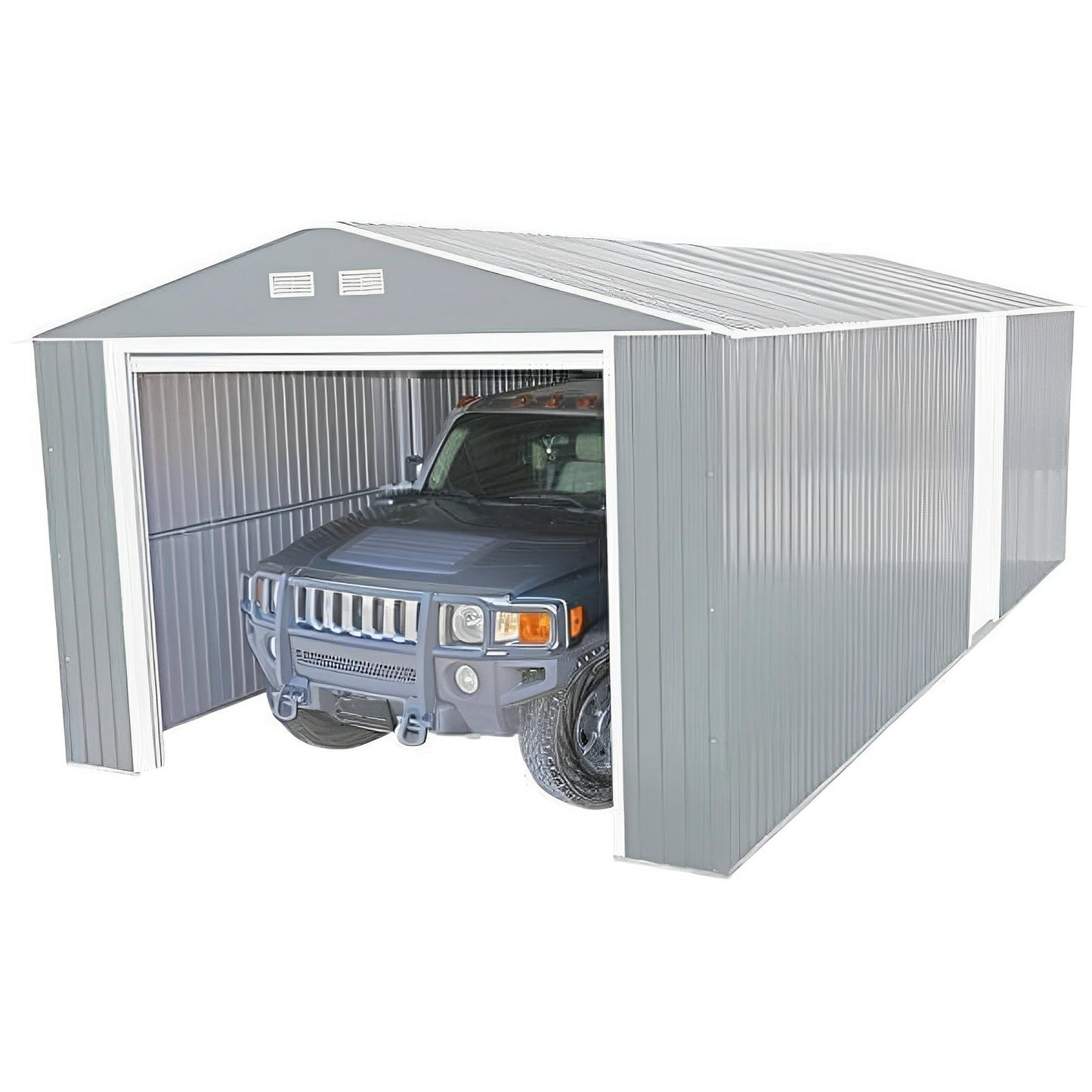 Duramax Imperial Metal Garage 12x20 in light gray with a car inside, showcasing its spaciousness and durability with metal construction.