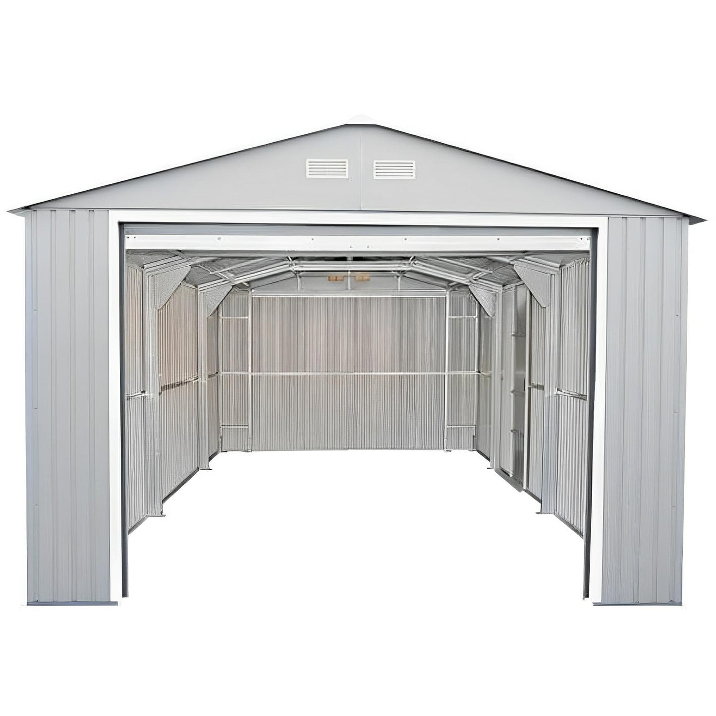 Duramax 12x20 Imperial Metal Garage in light gray, showcasing sturdy steel construction and spacious interior.