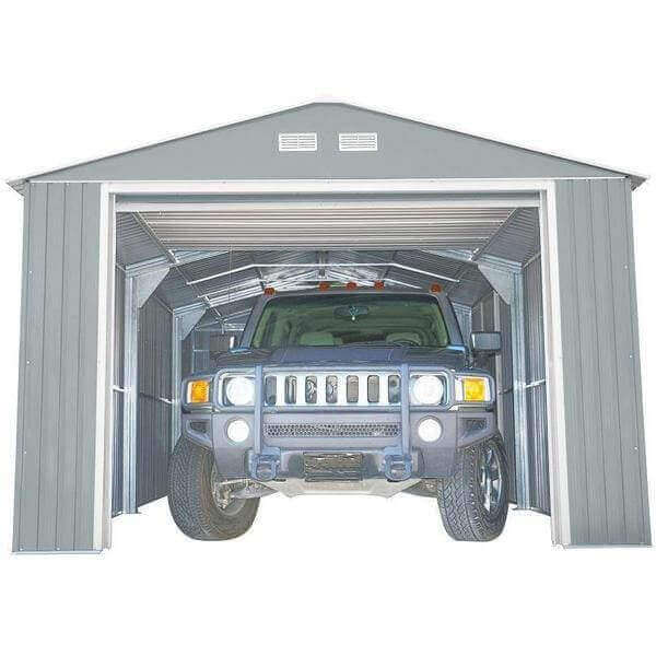 Duramax 12'x20' Imperial Metal Garage with SUV inside, light gray with off white trim, from Duramax Sheds Online.