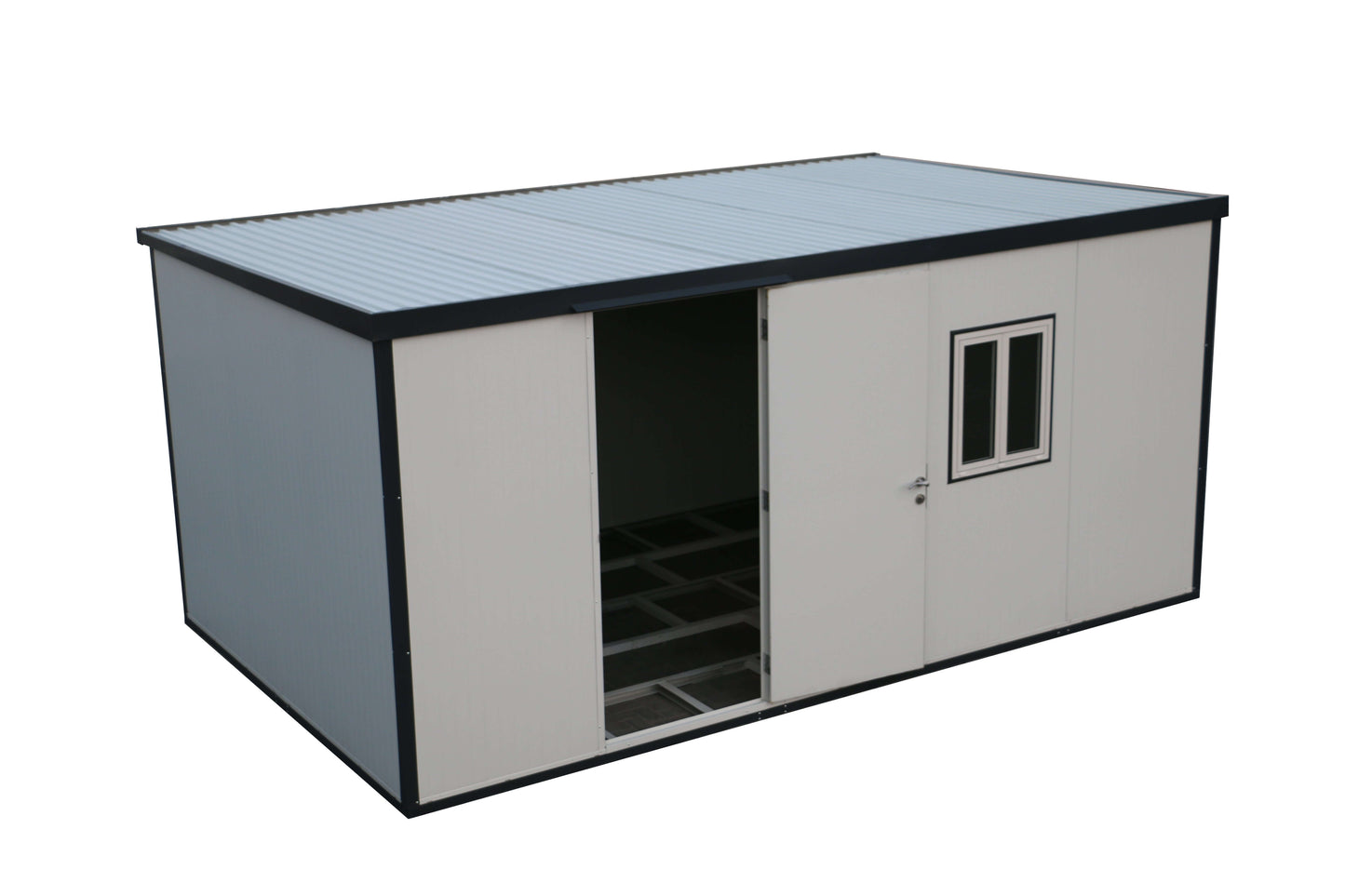 Duramax 13x10 insulated building with flat roof, perfect for weatherproof storage solutions and easy assembly.