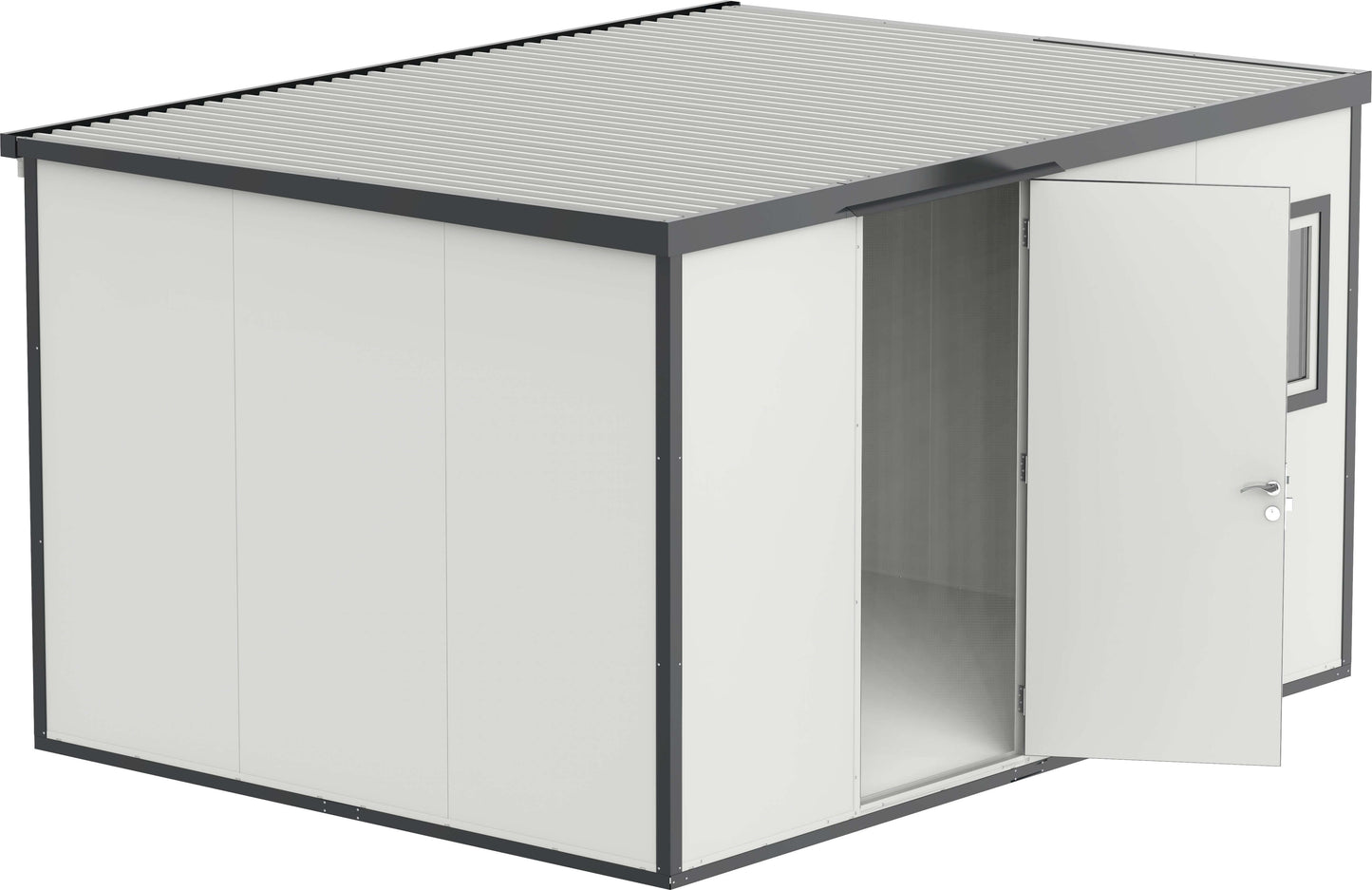 Duramax 13x10 flat roof insulated building 30832; modular and weather-resistant storage solution for tools and gear.