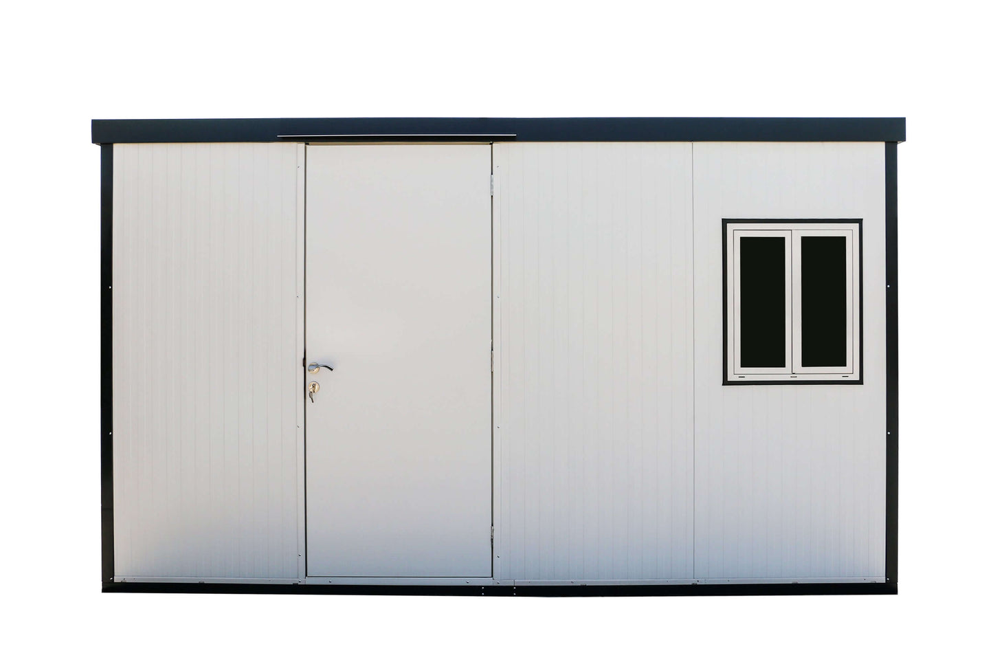 Duramax 13x10 flat roof insulated building with door and window, ideal for storage and versatile in all weather conditions.