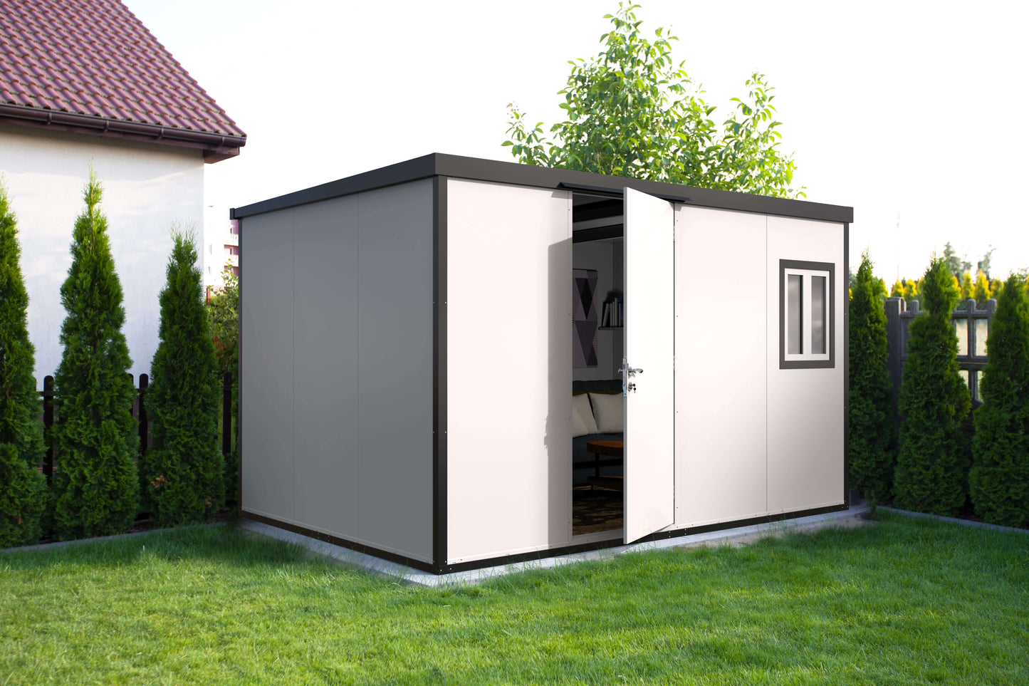 Duramax 13x10 flat roof insulated building in backyard, ideal for storage. Durable, weather-resistant shed for personal and professional use.