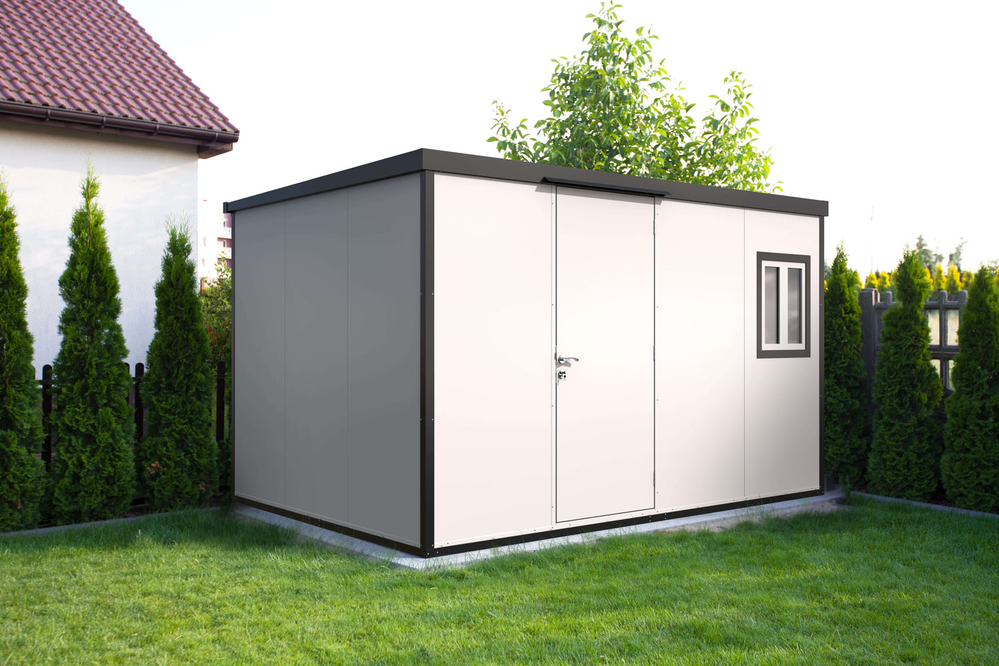 Duramax 13x10 insulated building with flat roof, ideal for storage solutions, shown in a garden setting.