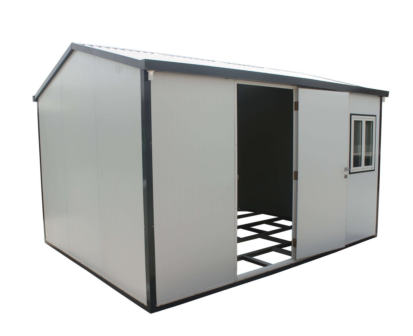 Duramax 13x10 insulated building with gable roof, featuring galvanized steel walls. Ideal for energy-efficient outdoor storage.