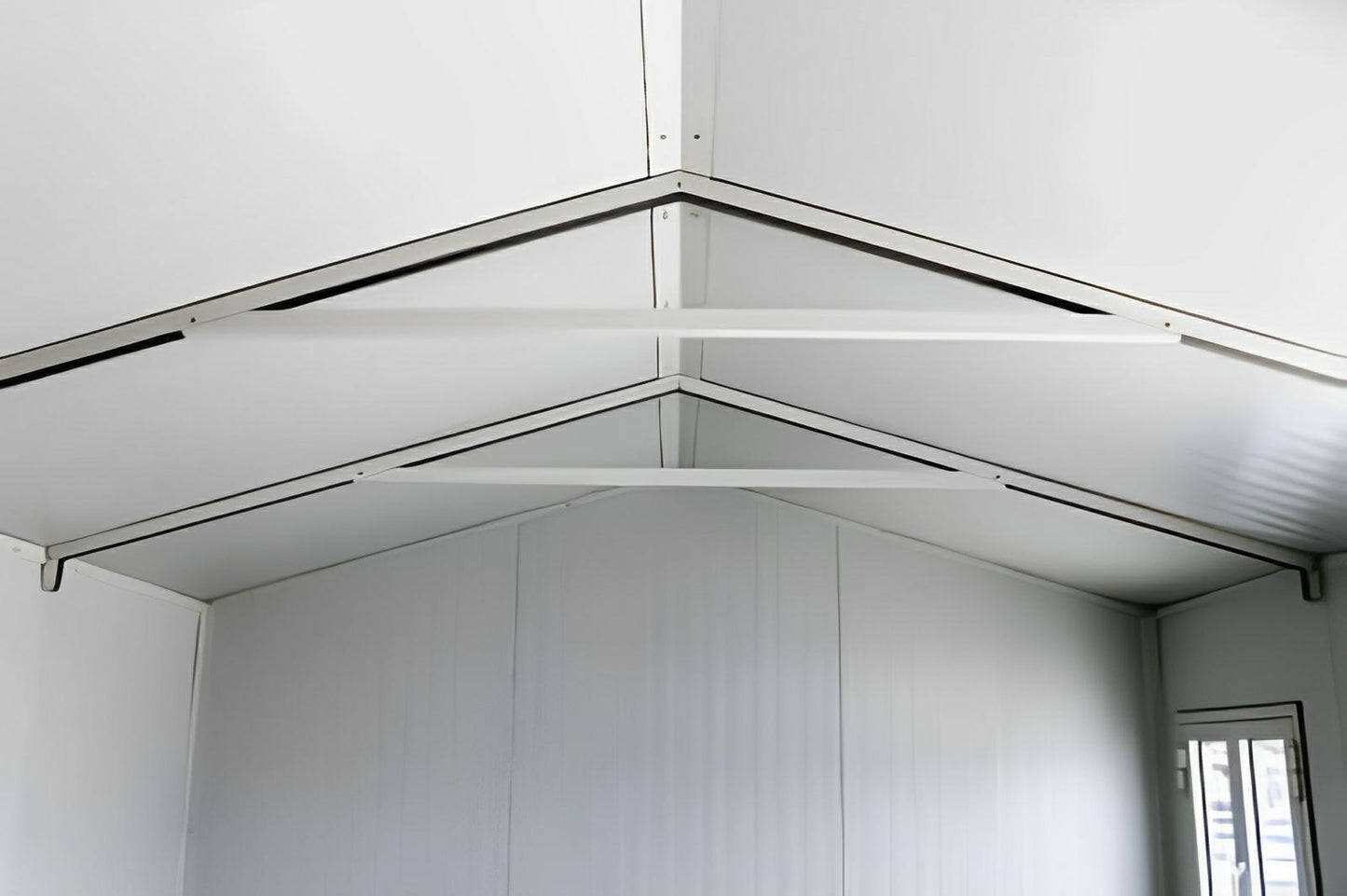 Interior roof of Duramax 13x10 insulated building with gable design, showcasing galvanized steel structure for durability.