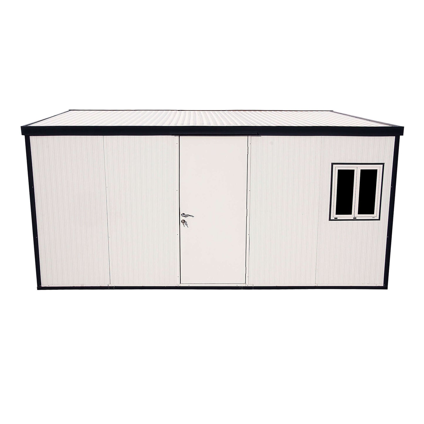 Duramax 16x10 flat roof insulated building in white, featuring a door and window for versatile use as a shed, office, or storage.