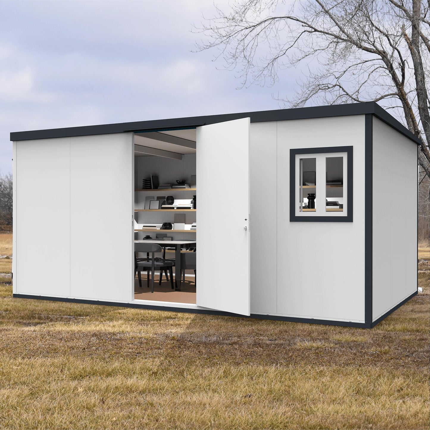 Duramax 16x10 flat roof insulated building with open door, showcasing versatile interior for storage or office use.