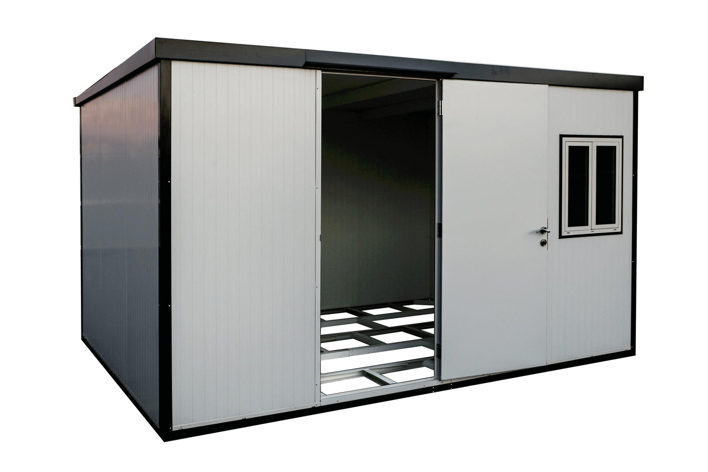 Duramax 19x10 Flat Roof Insulated Building 30862, a versatile galvanized steel insulated shed ideal for living space or office use.