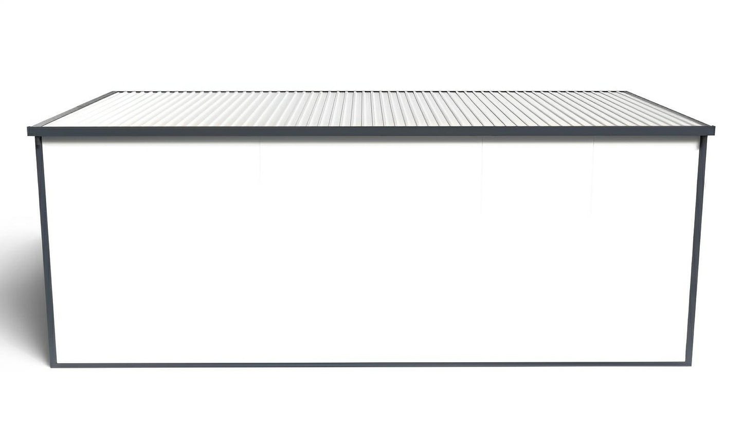 Duramax 19x10 flat roof insulated building made with galvanized steel, ideal for versatile indoor and outdoor uses.