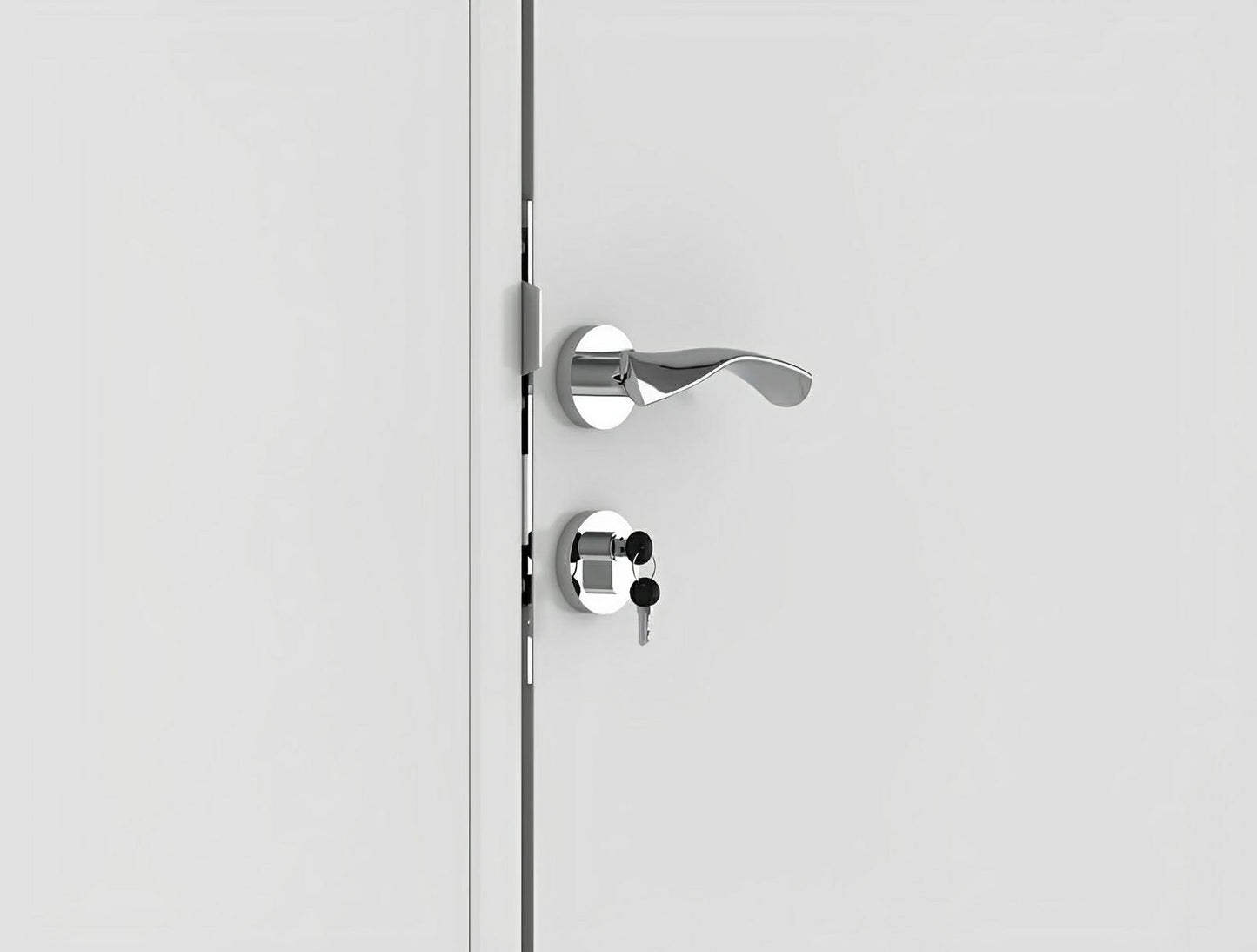 Sleek modern door handle and lock on a white interior door, featuring a minimalist design.