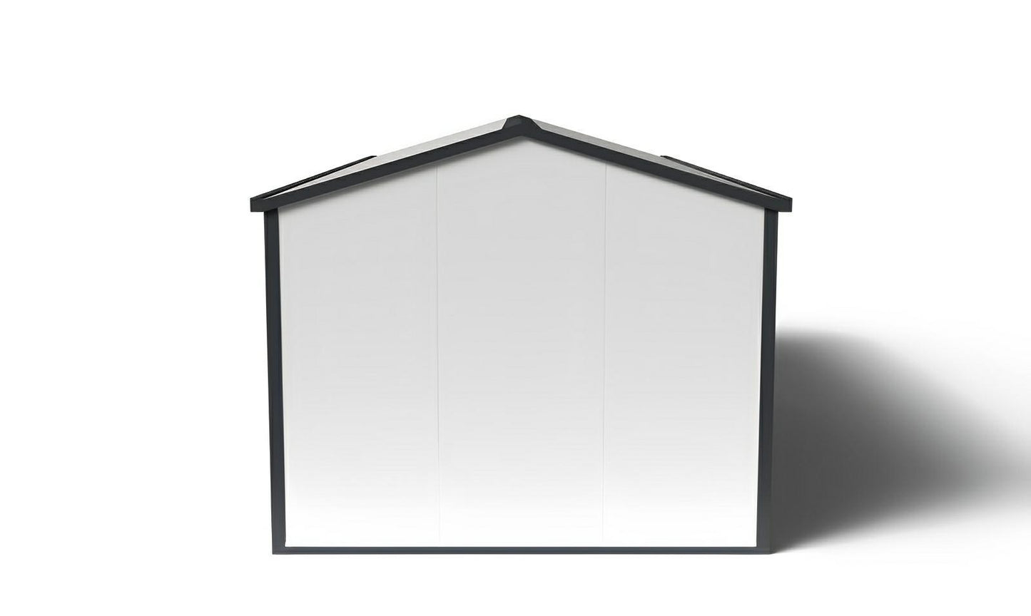 Front view of Duramax 22x10 insulated gable roof building for offices or workshops, featuring a sleek and efficient prefabricated design.
