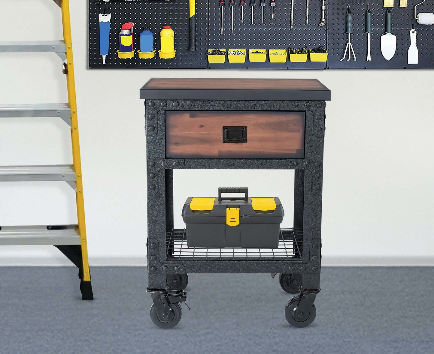 Duramax 1-Drawer Rolling Industrial Workbench in a garage setting, showcasing sturdy design and tool storage capabilities.