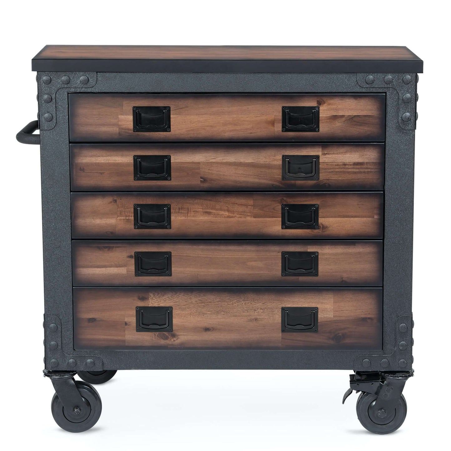 Duramax 36-inch 5-drawer rolling tool chest with wood top, ideal for storage and workspace, featuring a sturdy industrial design.