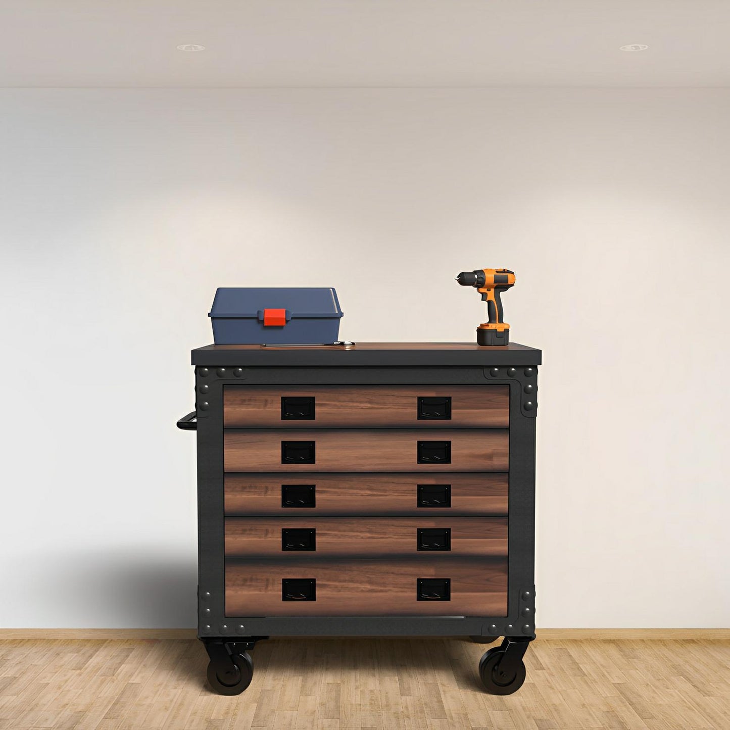 Duramax 36-inch 5-drawer rolling tool chest with wood top in industrial setting, featuring durable metal frame and ample storage.