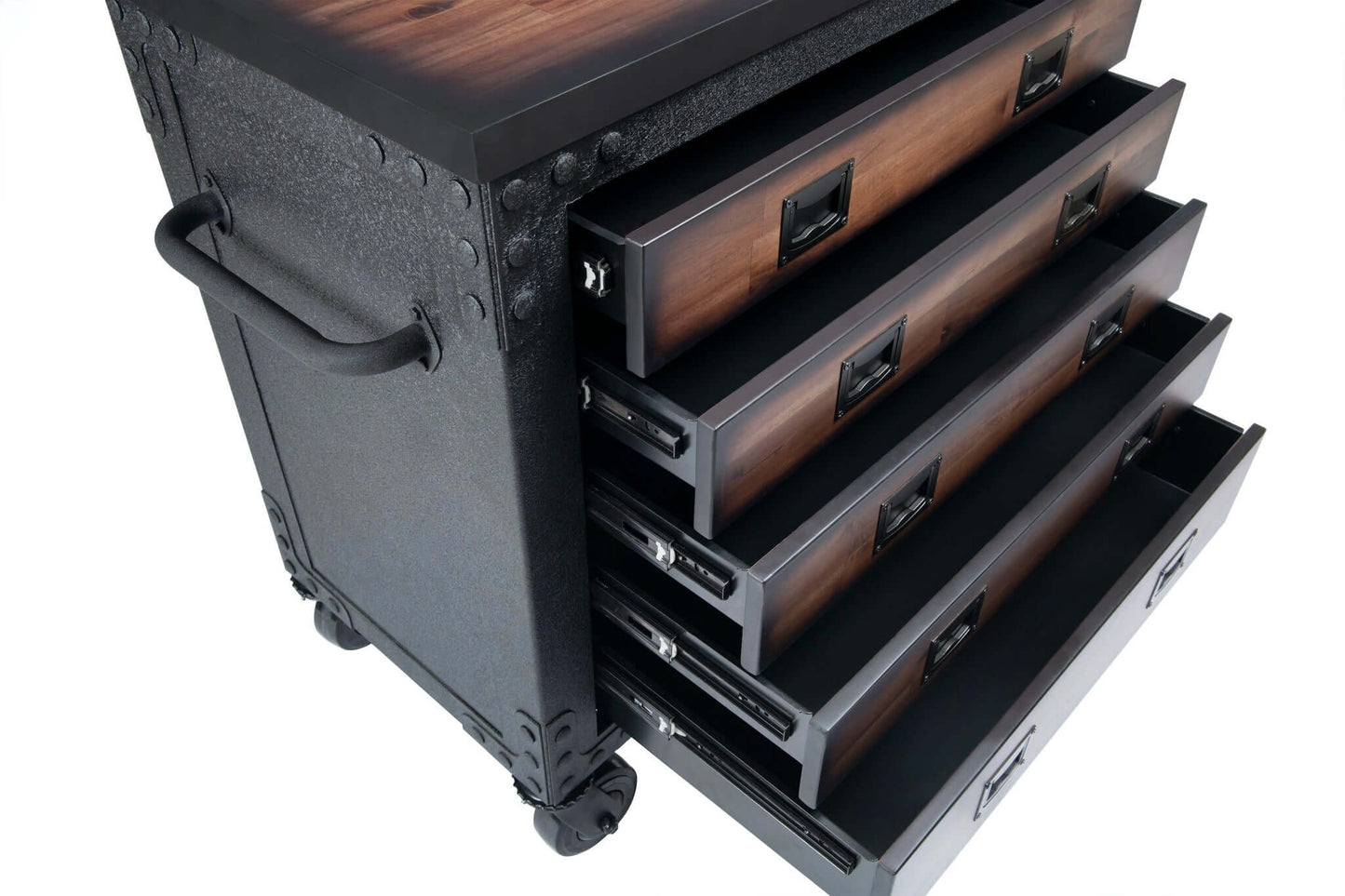 Duramax 5 drawer rolling tool chest with wood top, featuring open drawers and durable black metal frame, ideal for versatile storage.