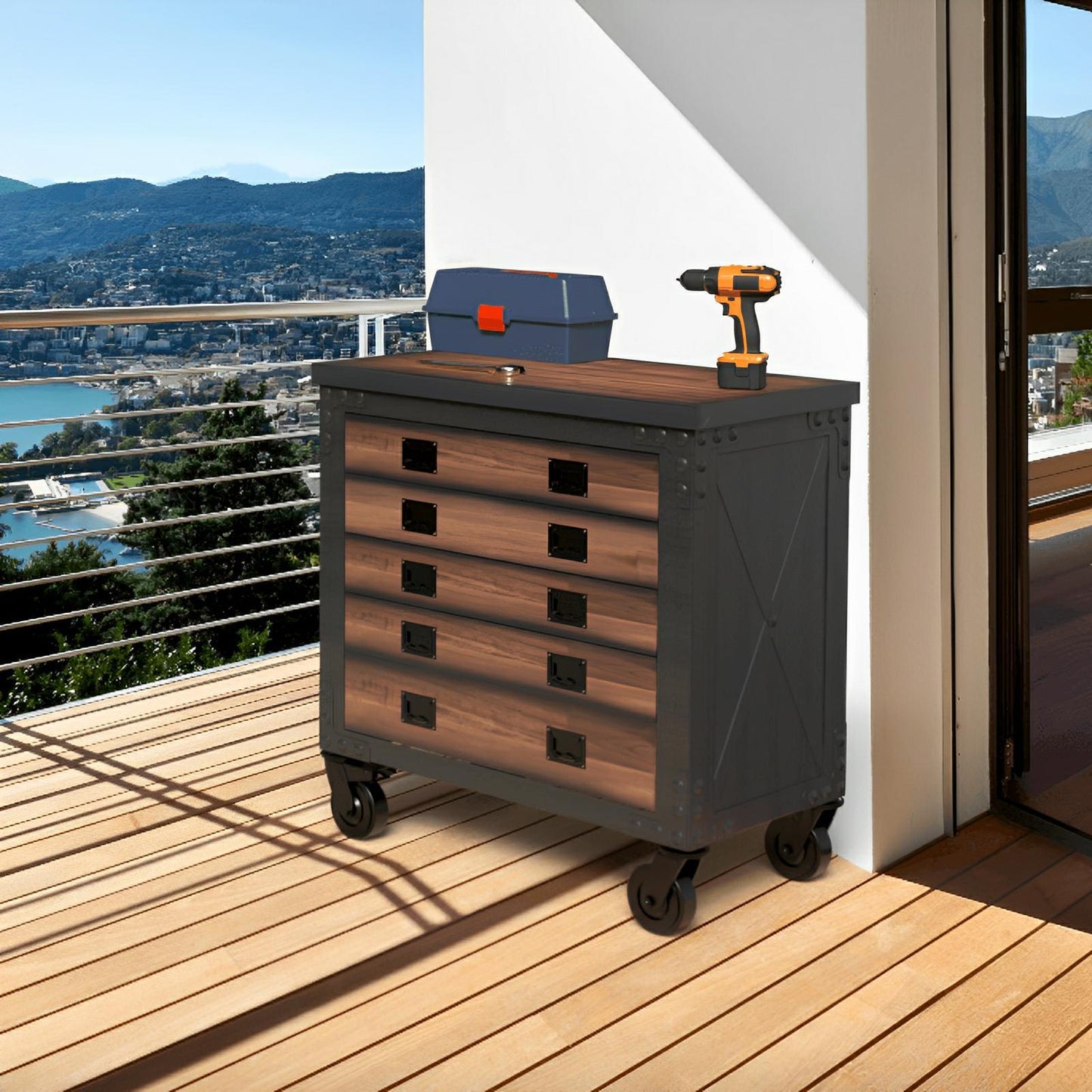 Duramax 36-inch 5-drawer rolling tool chest with wood top on a balcony, offering ample storage and mobility for tools and crafts.