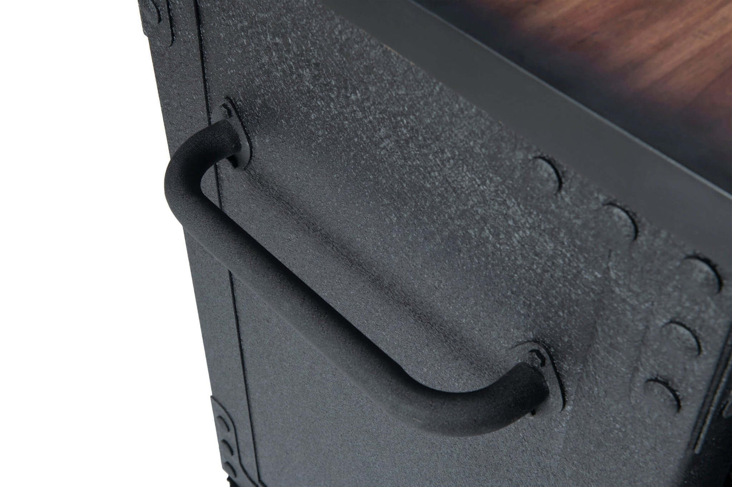 Close-up of Duramax 5 Drawer Rolling Tool Chest's black metal handle and wood top, showcasing industrial design and durability.