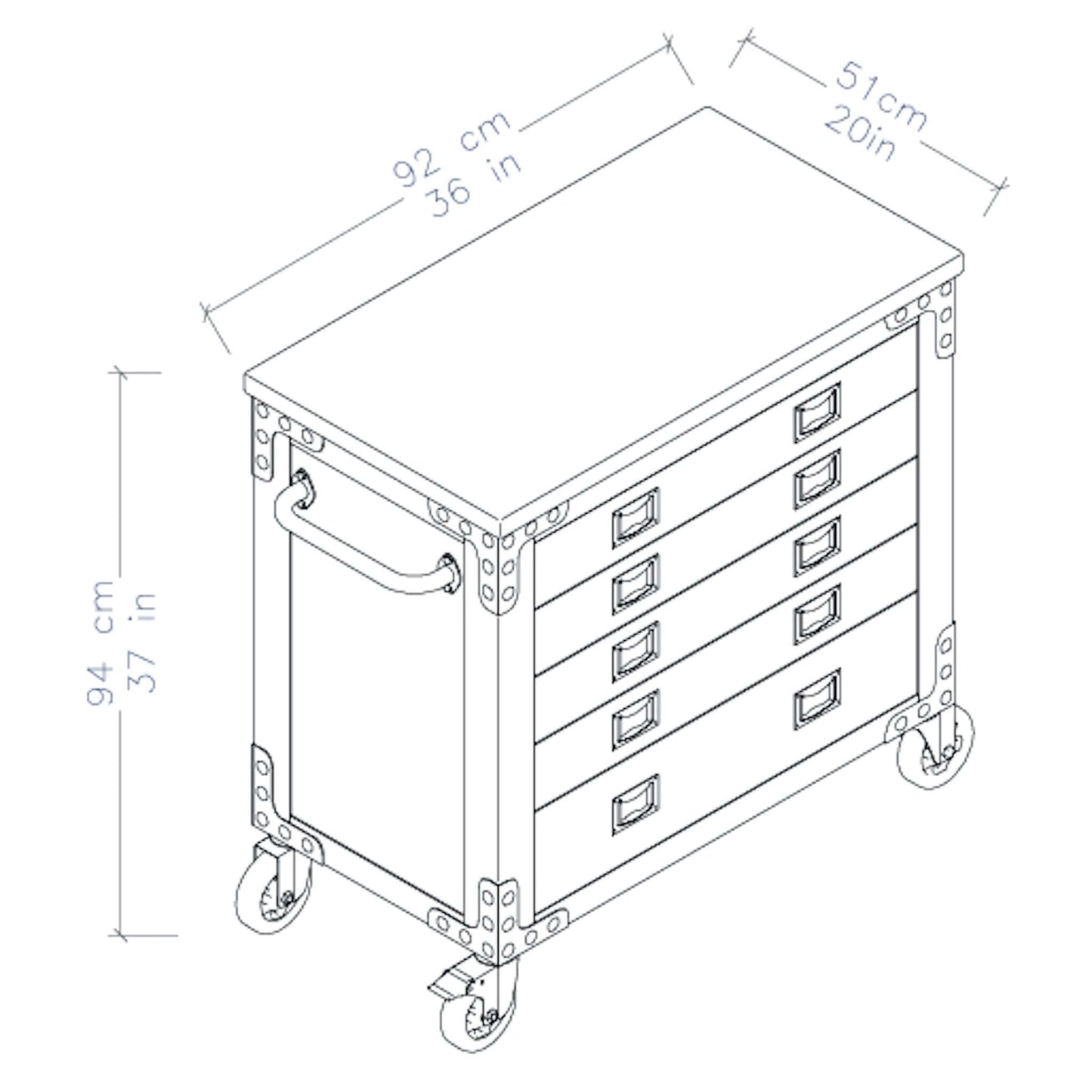 Illustration of Duramax 36" 5-Drawer Rolling Tool Chest with Wood Top, featuring dimensions and sturdy metal frame design.