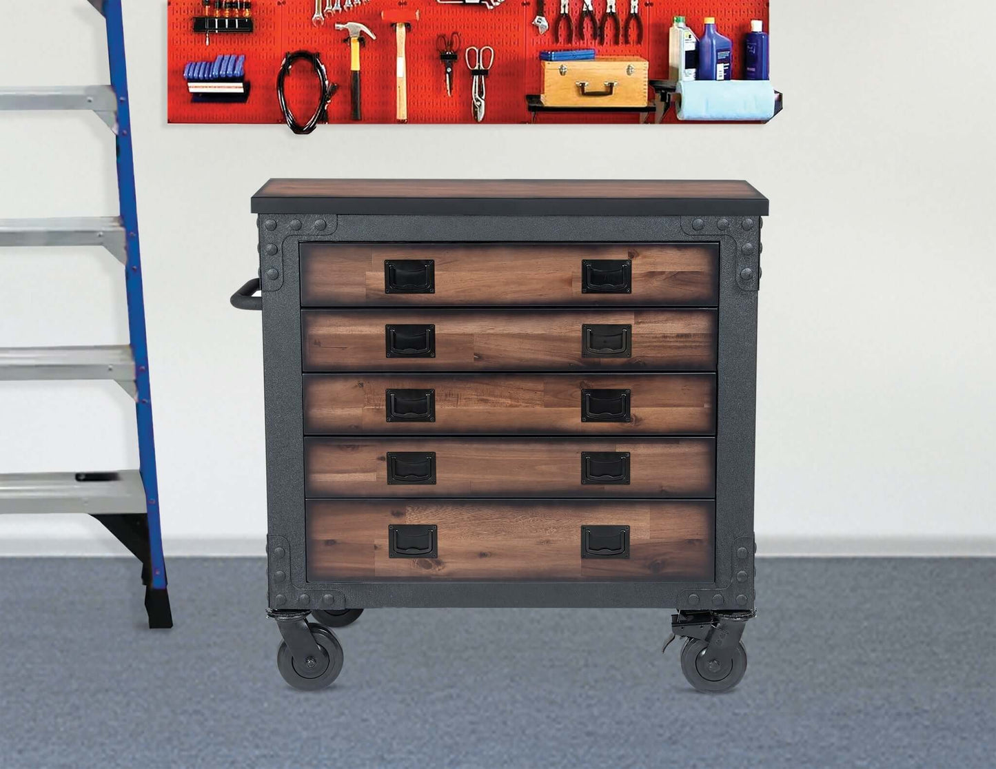 Duramax 36-Inch 5-Drawer Rolling Tool Chest with Wood Top in a workshop setting, featuring industrial metal frame and natural wood finish.