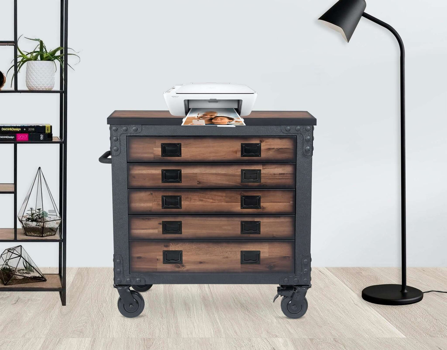 Duramax 36-Inch 5-Drawer Rolling Tool Chest with Wood Top, featuring a sturdy metal frame and ample storage space.