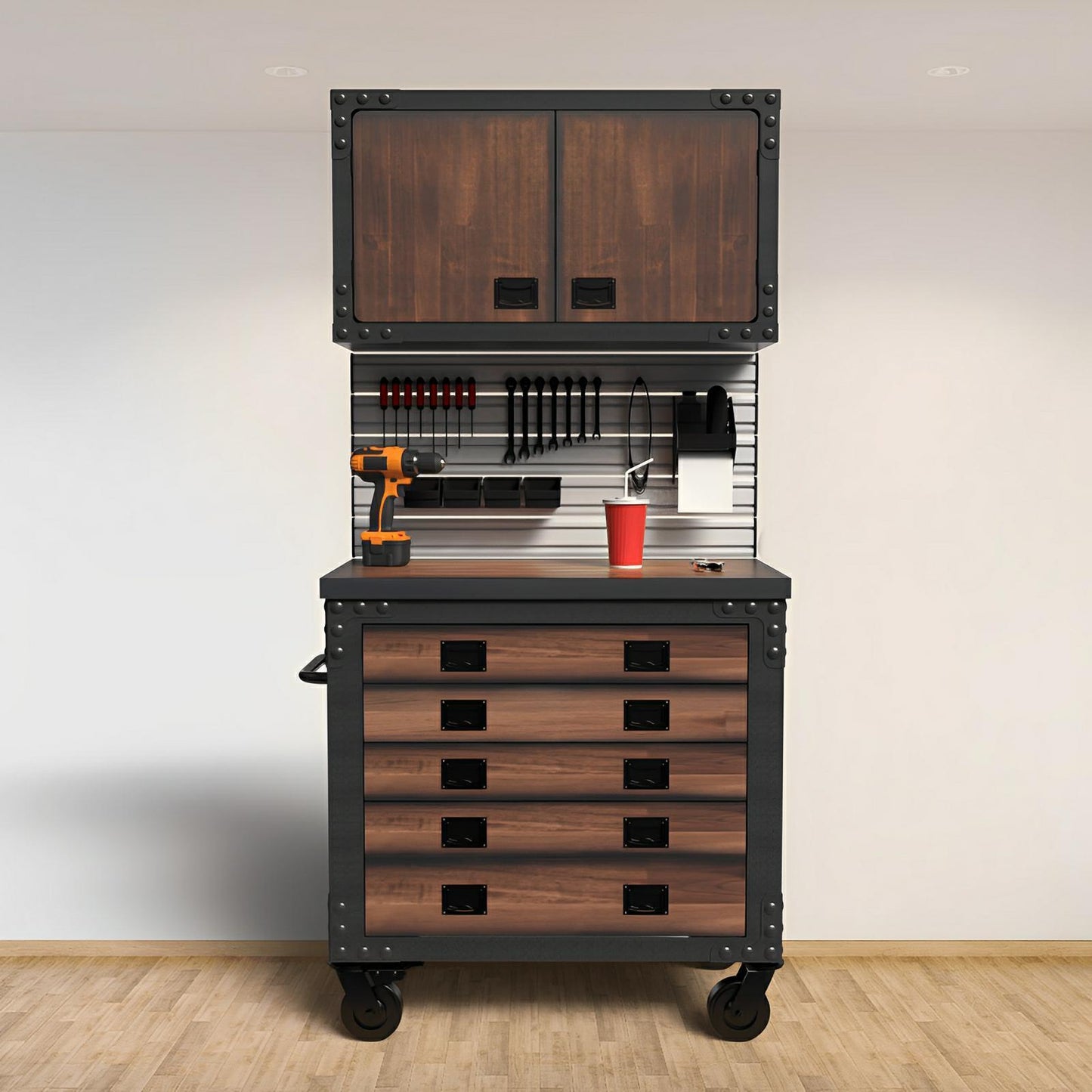 Duramax 36 in 5 Drawer Rolling Tool Chest with Wood Top, featuring industrial design, slim drawers, and sturdy metal frame.