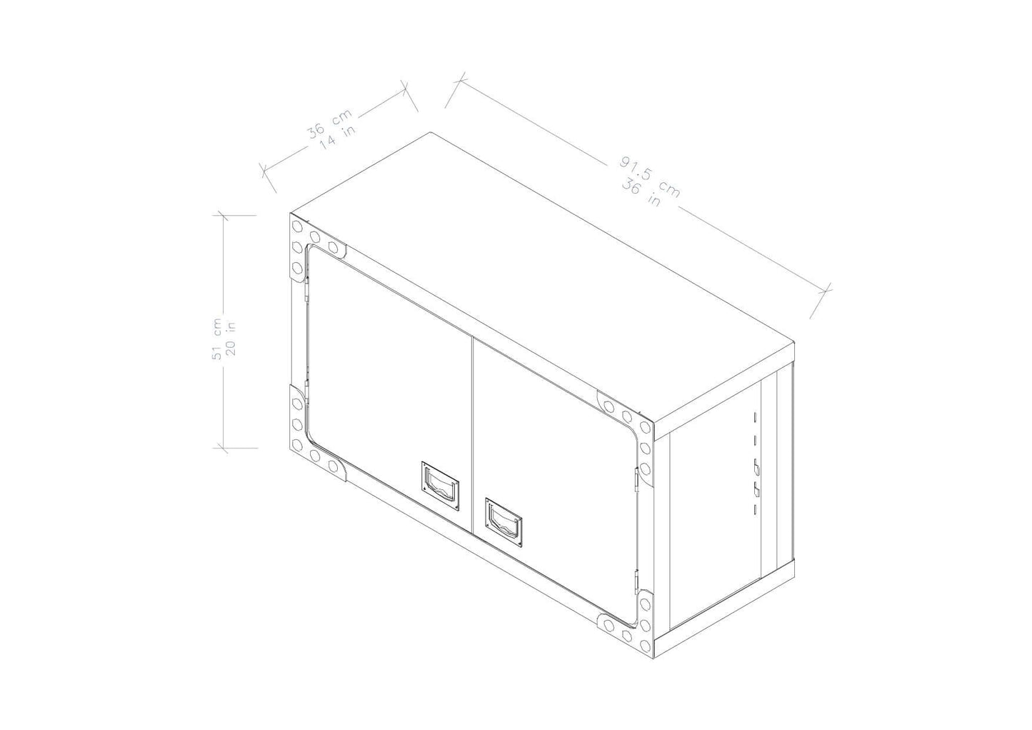 Technical drawing of Duramax 36 In Industrial Wall Cabinet 68030 with measurements in centimeters and inches.