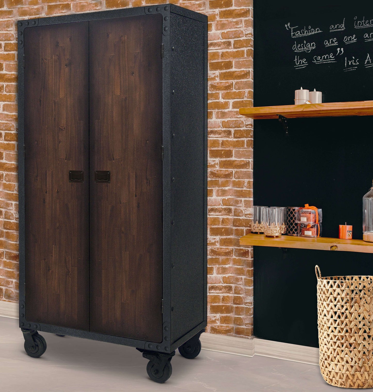 Duramax 36x72 industrial cabinet with wheels, featuring durable wood and metal design, in a stylish home setting.