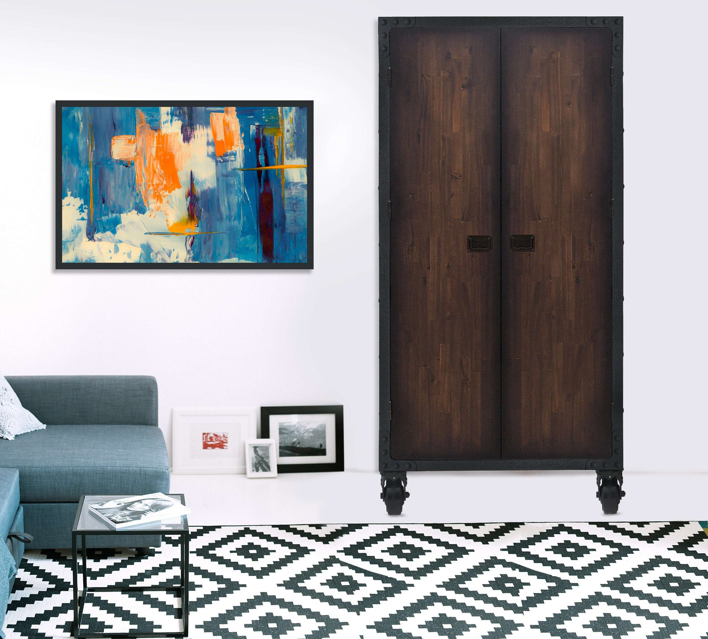 Industrial-style Duramax 36x72 cabinet with wheels in a modern living room, featuring wood and metal design and abstract wall art.