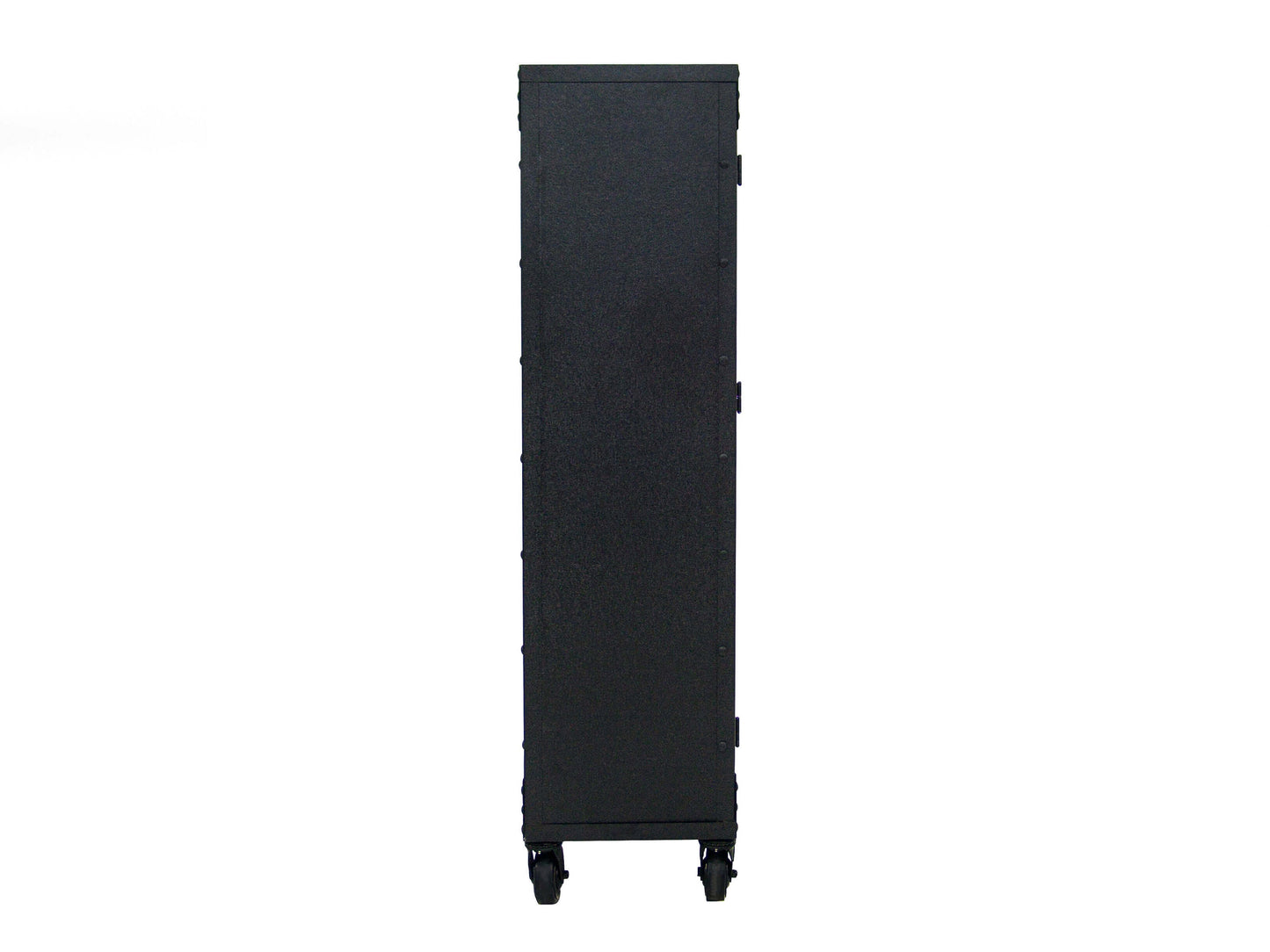 Duramax 36x72 industrial cabinet with wheels, black side view, ideal for home or garage storage, durable metal and wood design.