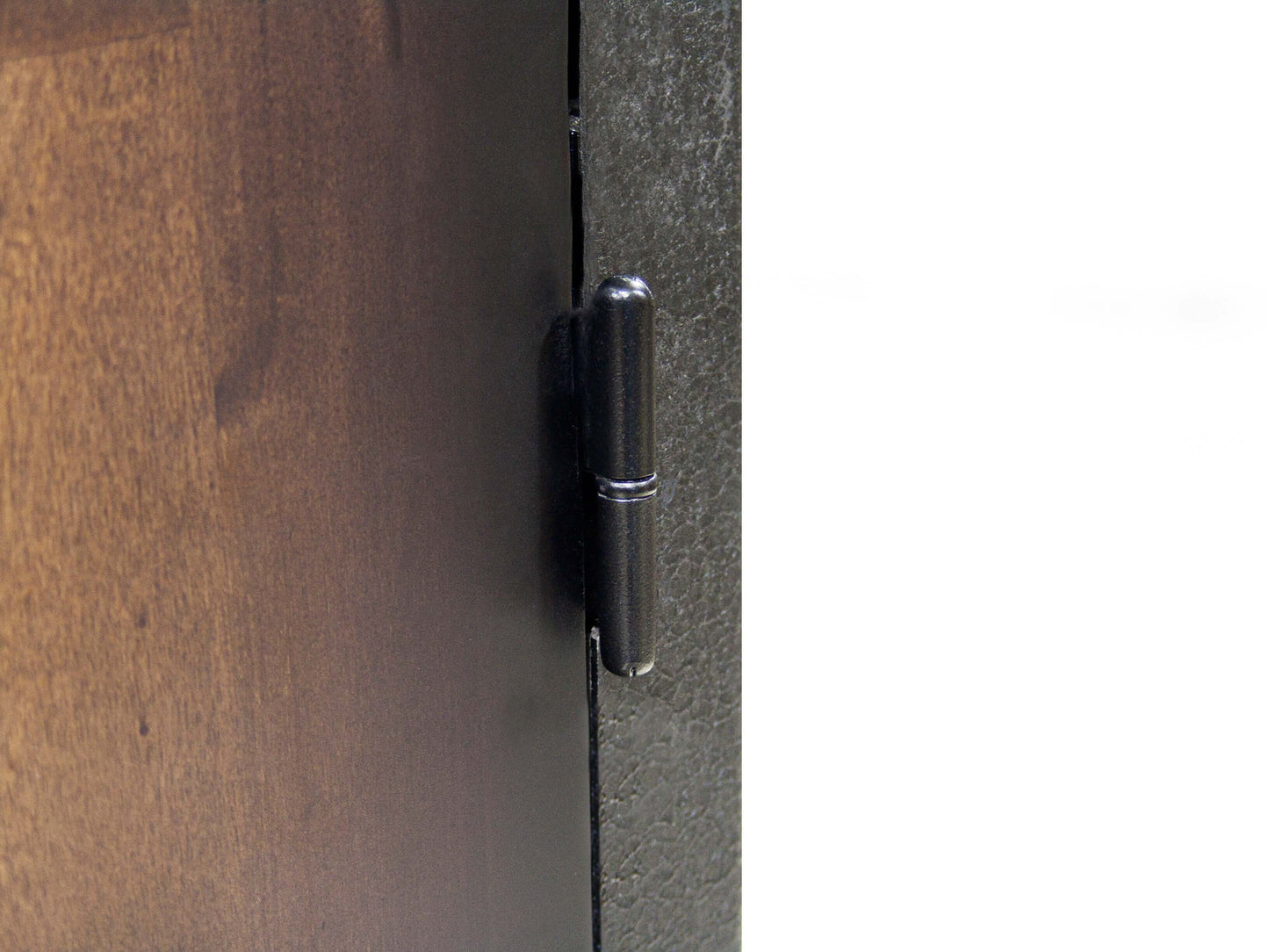 Close-up of hinge on Duramax 36 In x 72 In industrial cabinet door, showcasing durable metal and wood construction.