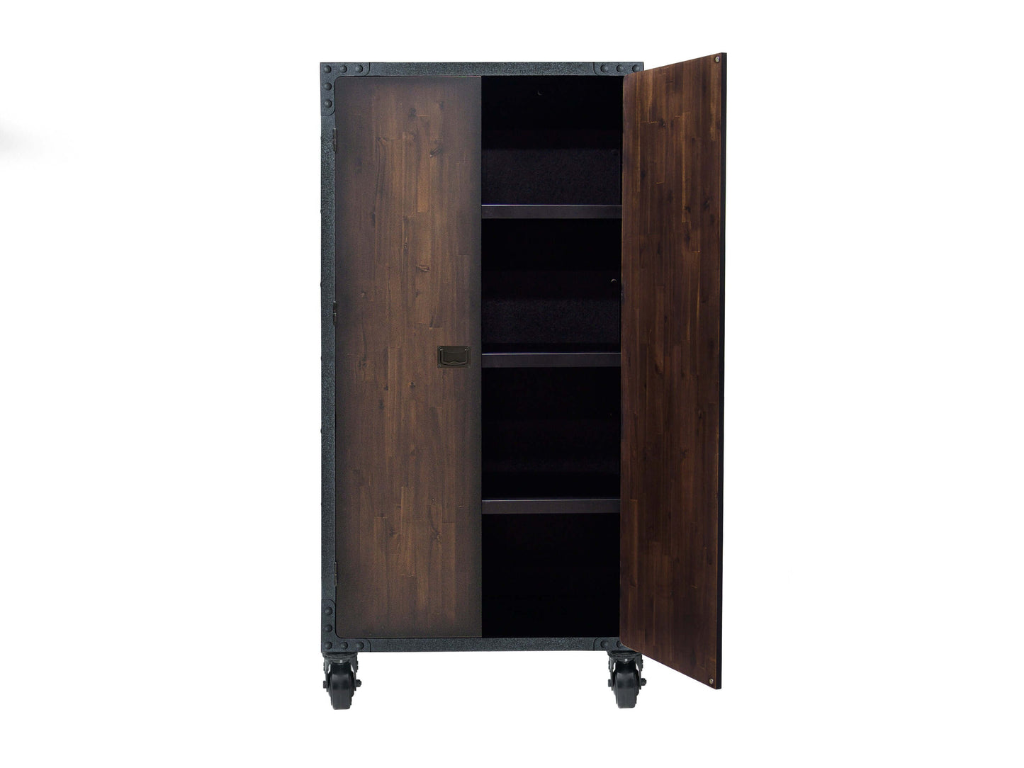 Duramax industrial cabinet 36x72 inches with wheels, metal shelves, and wood finish, ideal for home or garage storage.
