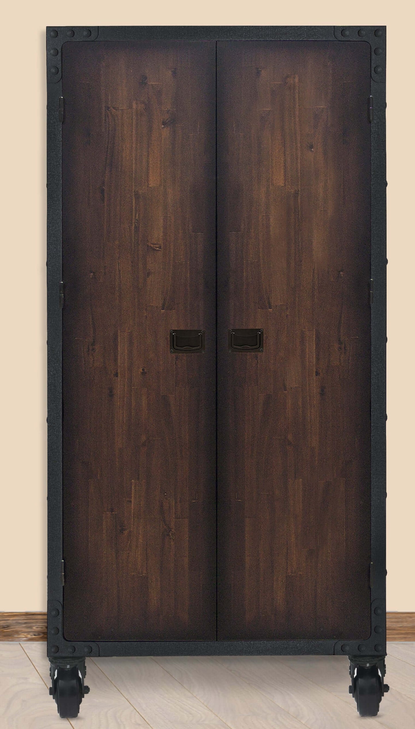 Duramax 36x72 industrial cabinet with wheels, featuring wood and metal design, ideal for home or garage storage. Easy to assemble.