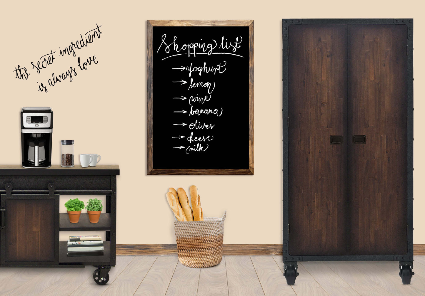 Kitchen with industrial cabinets on wheels, shopping list on chalkboard, coffee maker, and basket with breadsticks.