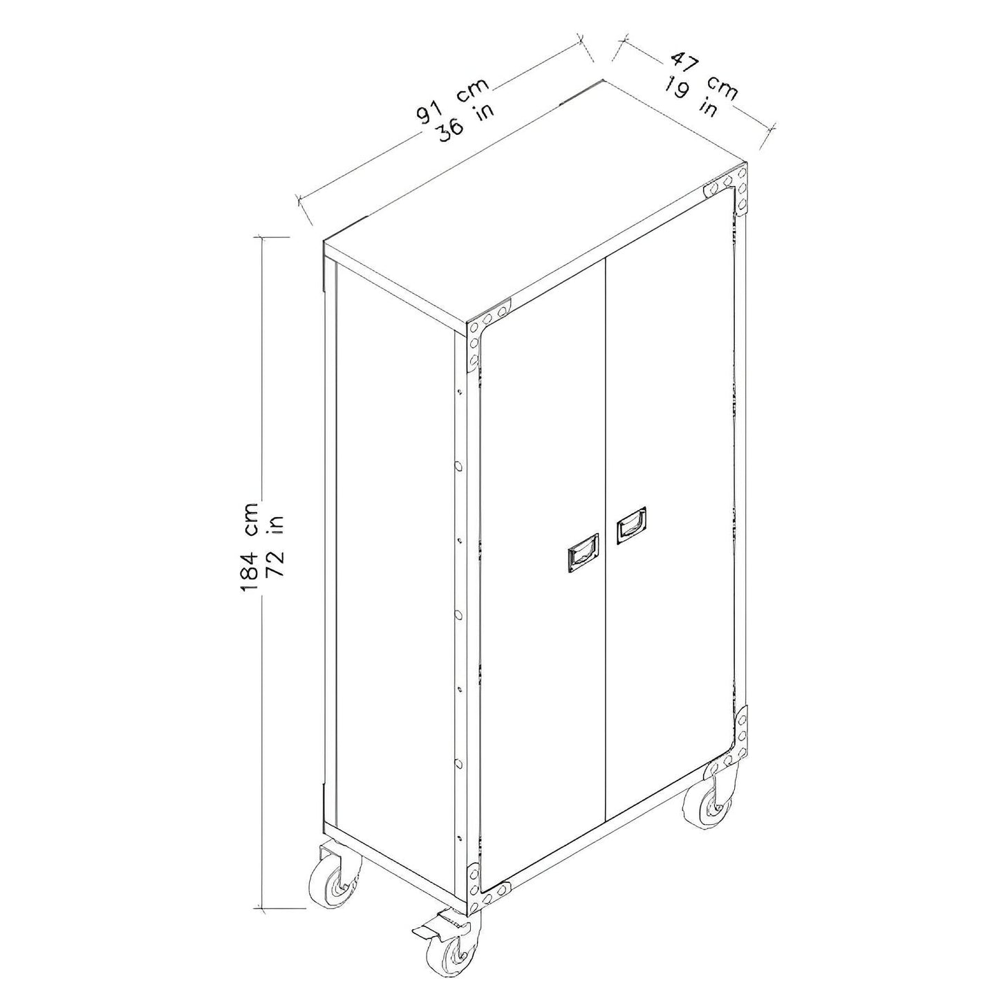 Duramax 36x72 industrial cabinet diagram showing dimensions and wheels, ideal for home or garage storage, made of metal and wood.