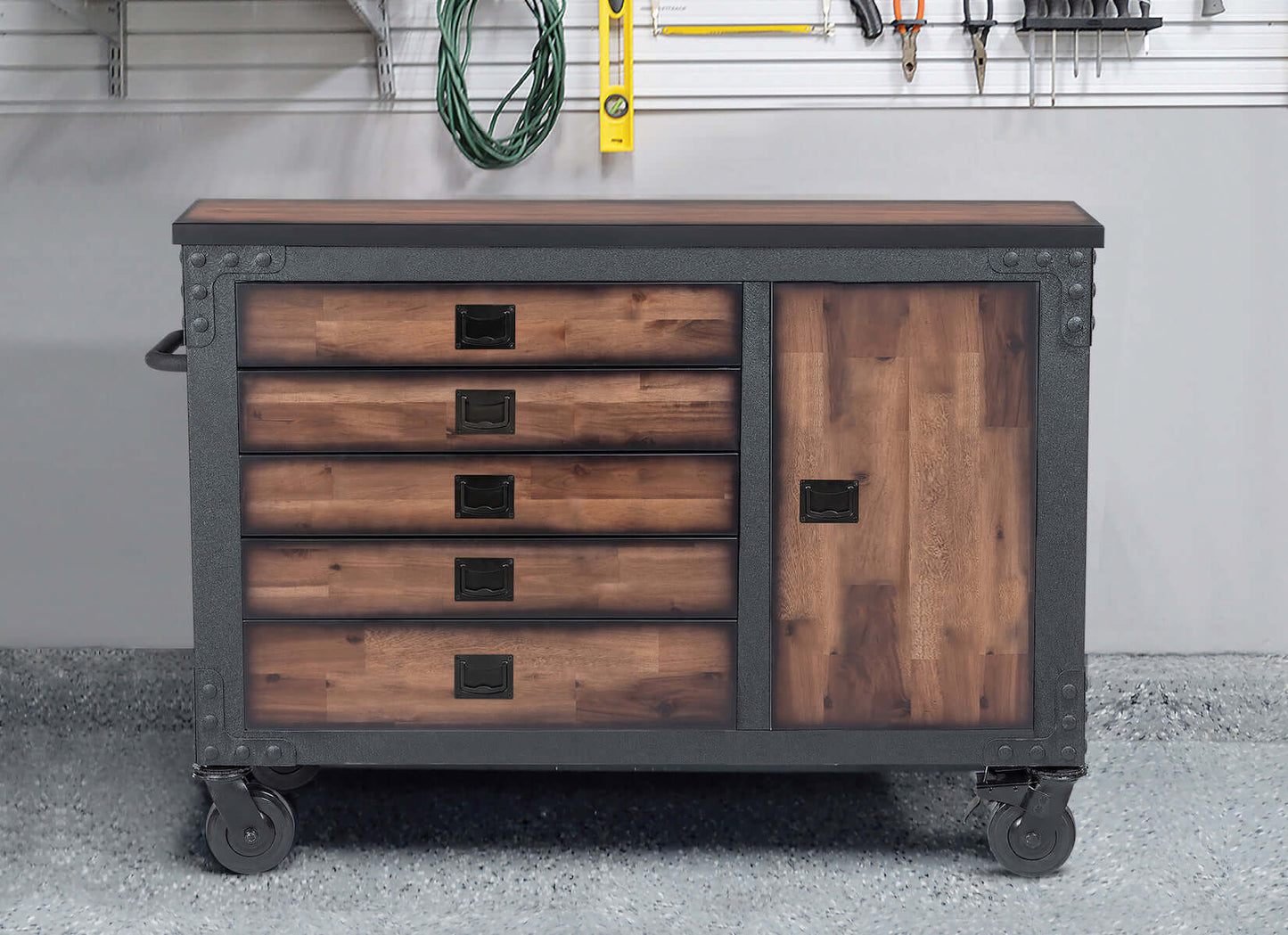 Duramax 48 In 5 Drawer Rolling Tool Chest with Wood Top in a garage setting, featuring side cabinet and sturdy wheels.