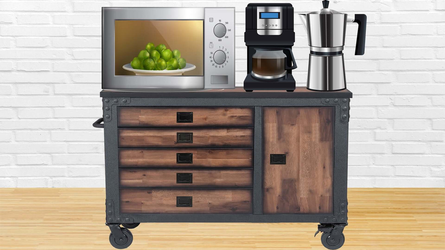 Duramax 48-inch 5-drawer rolling tool chest with wood top, featuring kitchen appliances, against a white brick wall.