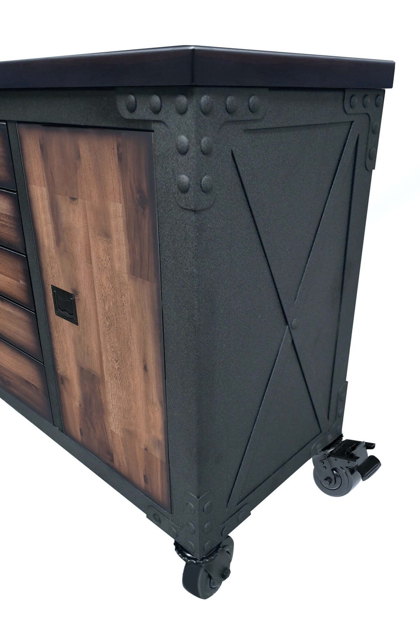 Duramax 48-inch rolling tool chest with wood top and five drawers, featuring sturdy wheels and rugged metal construction for durability.