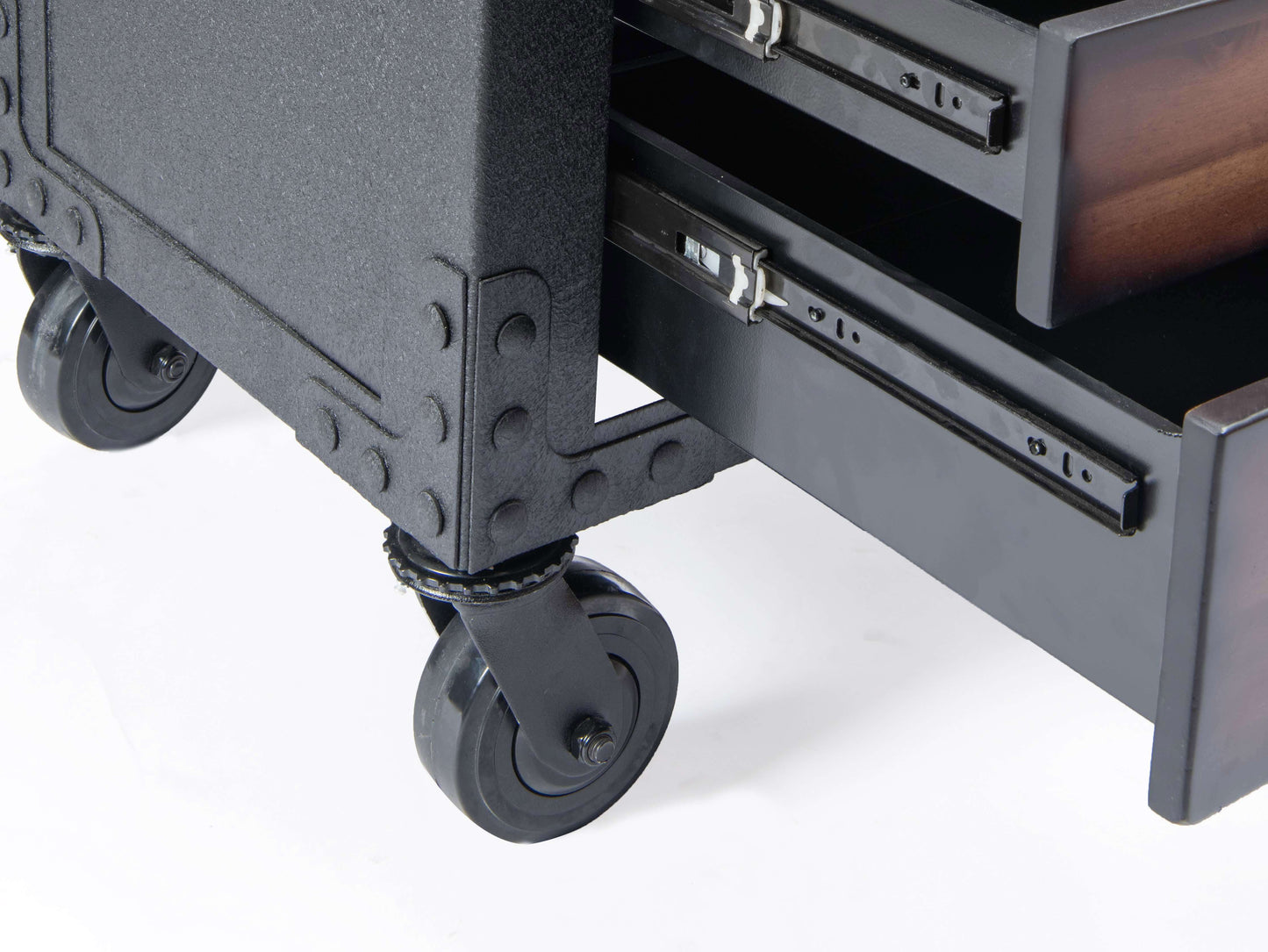 Close-up of Duramax 48 In 5 Drawer Rolling Tool Chest with open drawers and smooth ball bearing slides, showing sturdy wheels.