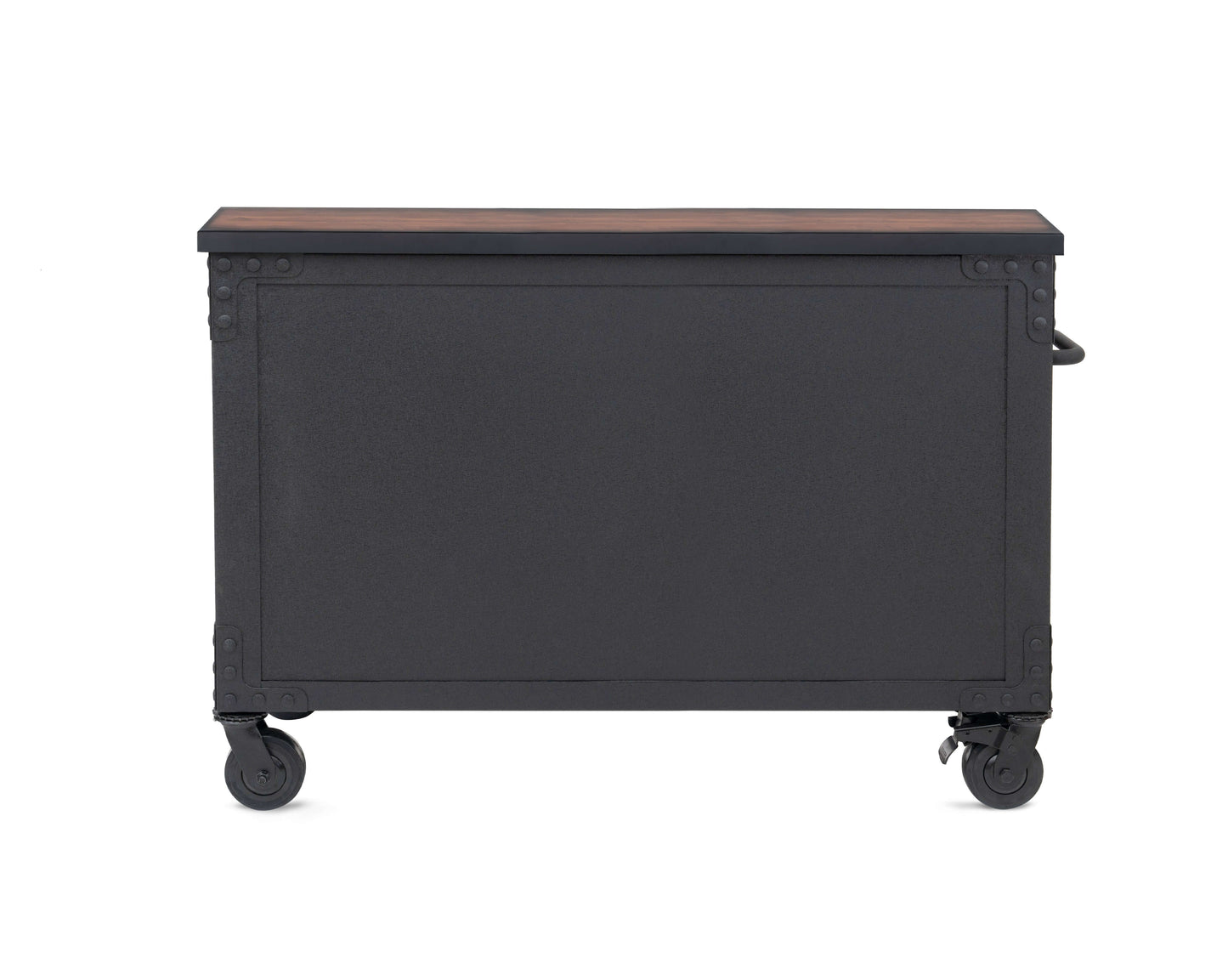Duramax 48-inch 5-drawer rolling tool chest with wood top, ideal for garage or kitchen storage, shown from the rear view.