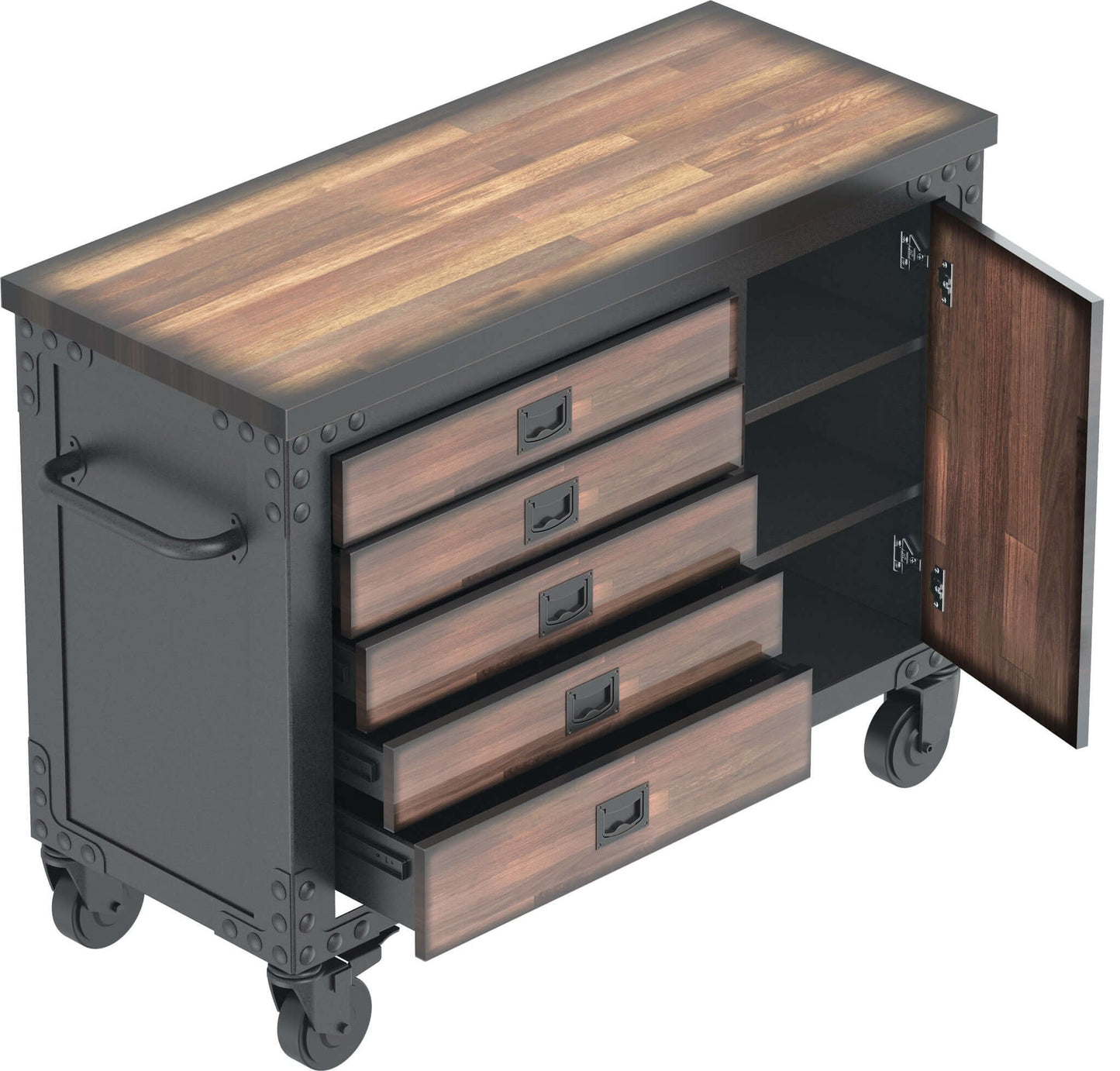 Duramax 48 in 5 Drawer Rolling Tool Chest with wood top, open drawers and side cabinet, ideal for garage and kitchen storage.