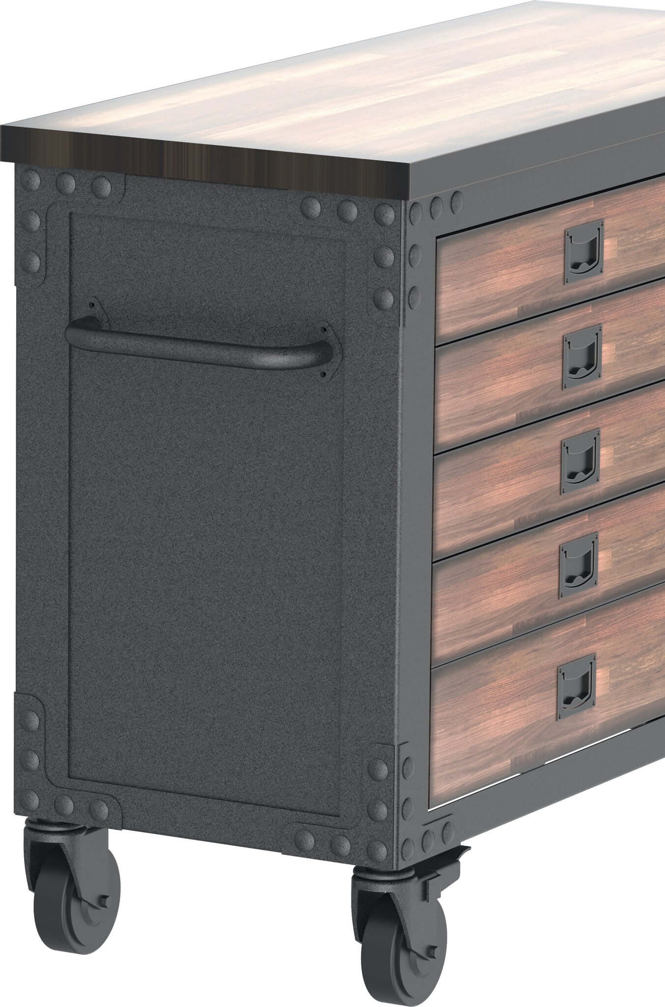Duramax 48 In Rolling Tool Chest with 5 Drawers and Wood Top, ideal for garage storage, featuring sturdy wheels for easy movement.